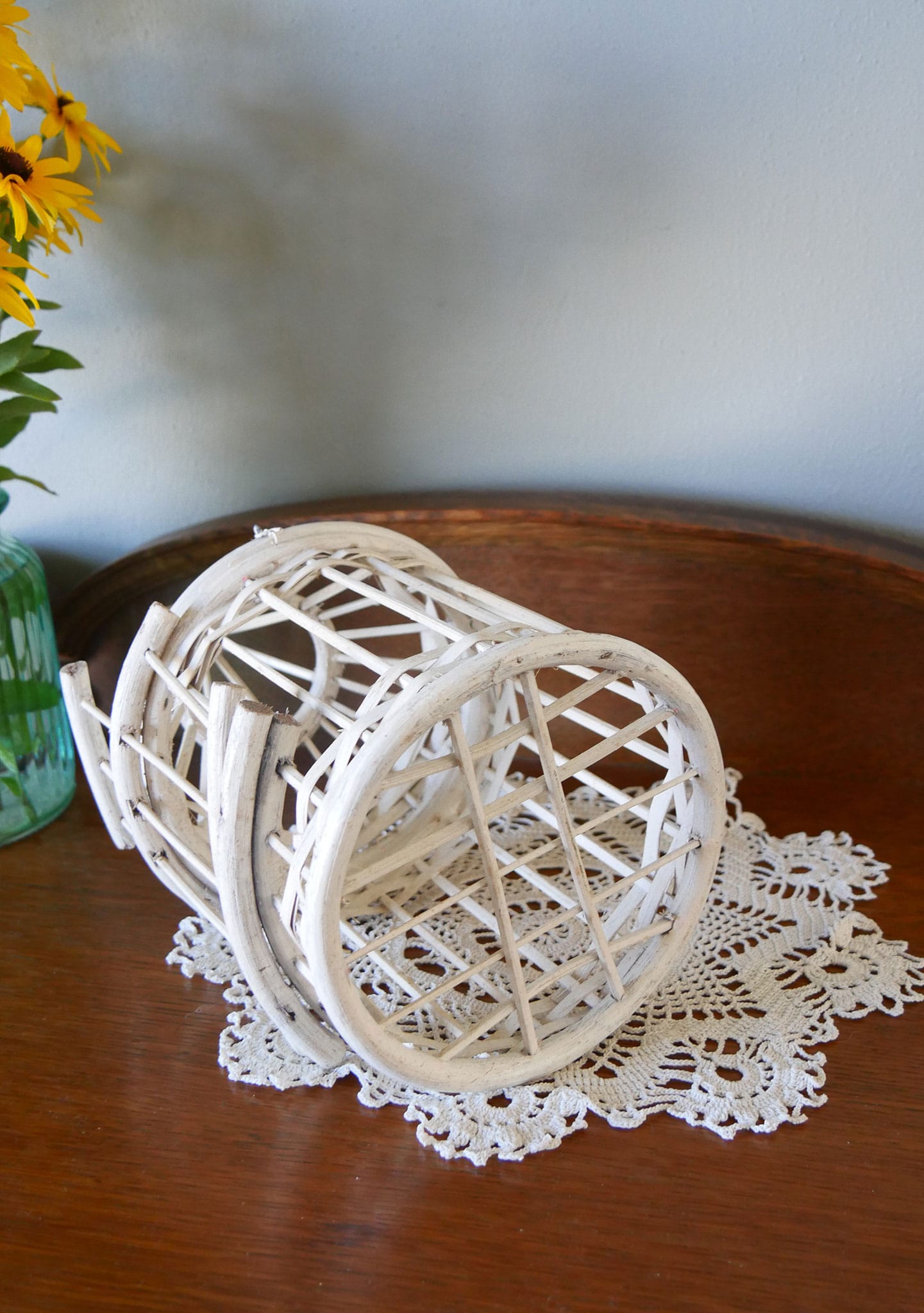 Vintage Handmade White Wood and Wicker Bird Cage Cottagecore Decor Vintage Birdcage White Birdcage Whimsical Bird Decor Cottage Bird Decor Hanging Wicker Birdcage