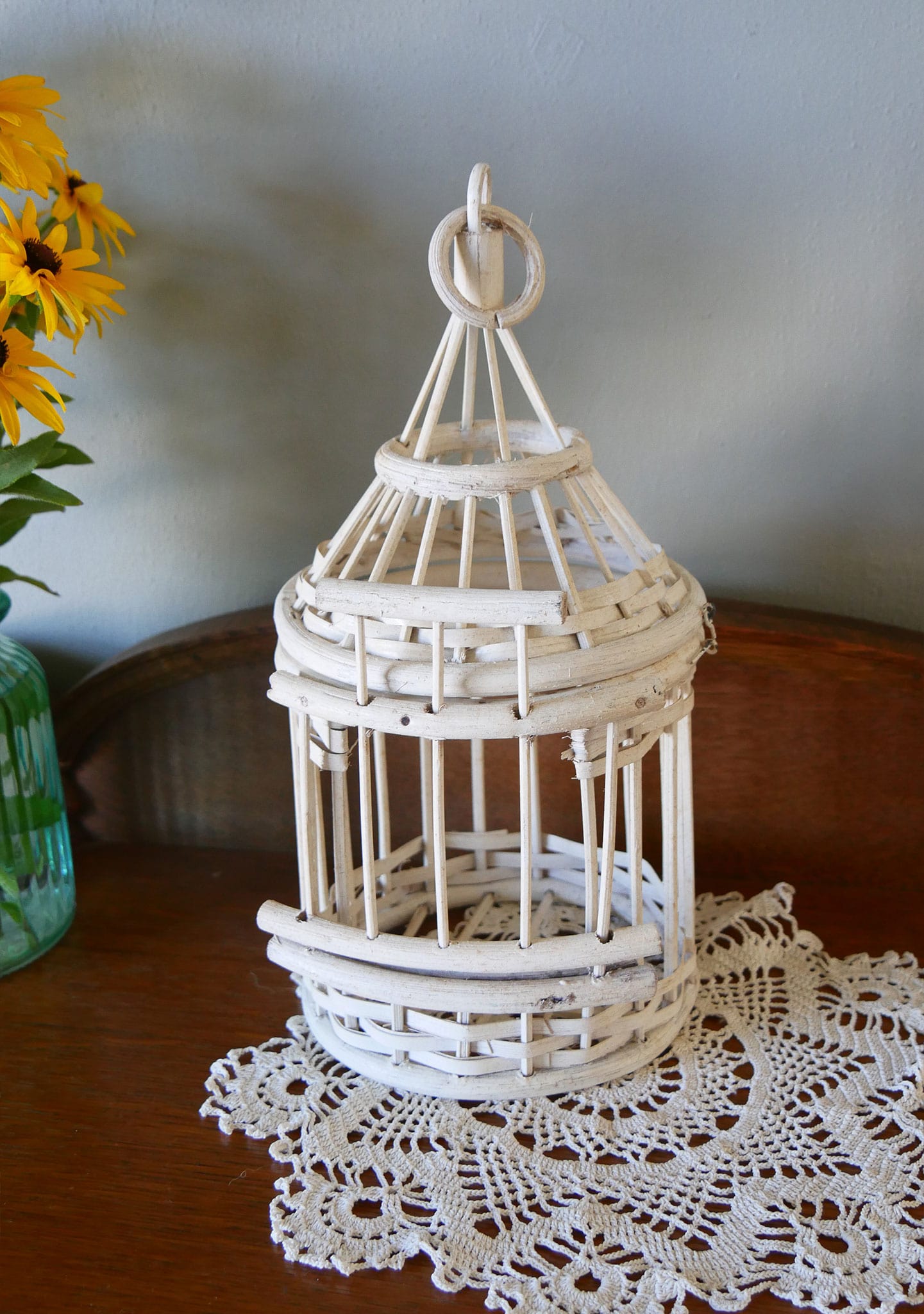 Vintage Handmade White Wood and Wicker Bird Cage Cottagecore Decor Vintage Birdcage White Birdcage Whimsical Bird Decor Cottage Bird Decor Hanging Wicker Birdcage