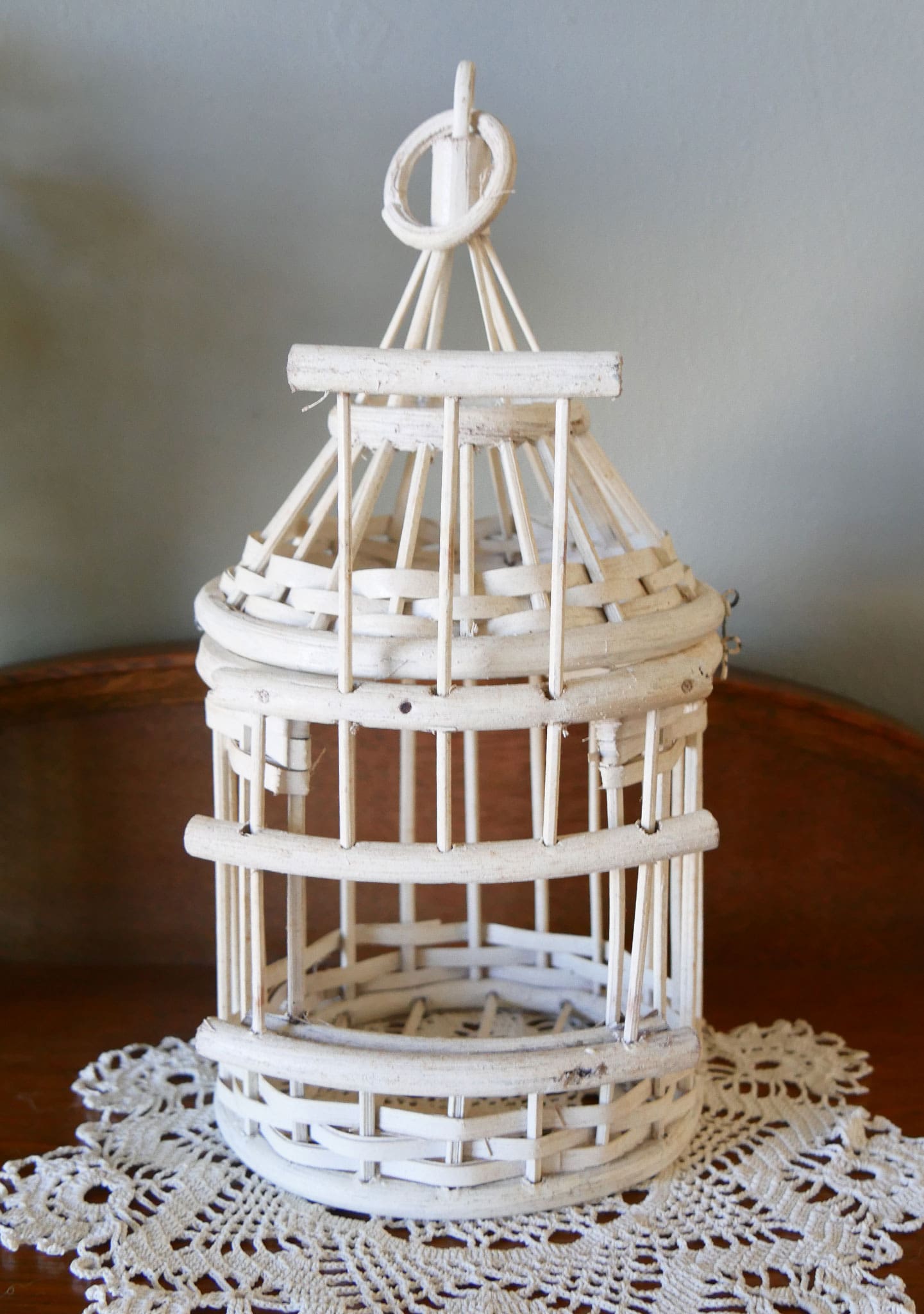 Vintage Handmade White Wood and Wicker Bird Cage Cottagecore Decor Vintage Birdcage White Birdcage Whimsical Bird Decor Cottage Bird Decor Hanging Wicker Birdcage