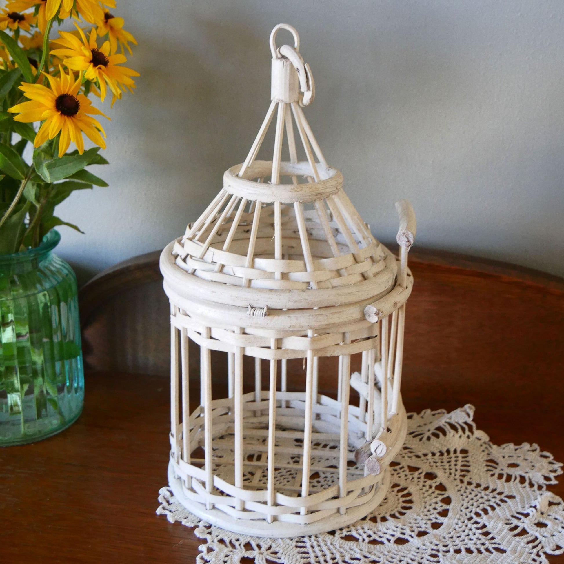 Vintage Handmade White Wood and Wicker Bird Cage Cottagecore Decor Vintage Birdcage White Birdcage Whimsical Bird Decor Cottage Bird Decor Hanging Wicker Birdcage