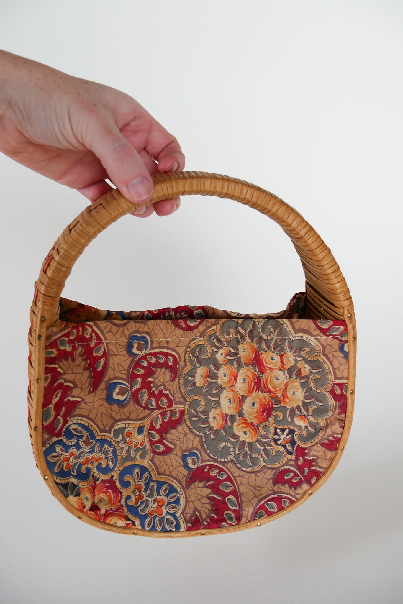 Vintage Wicker and Fabric Handbag, Vintage Wicker Purse, Vintage Fabric Handbag, Wicker Rattan Bag, Vintage Wicker Bag, Vintage Home Decor