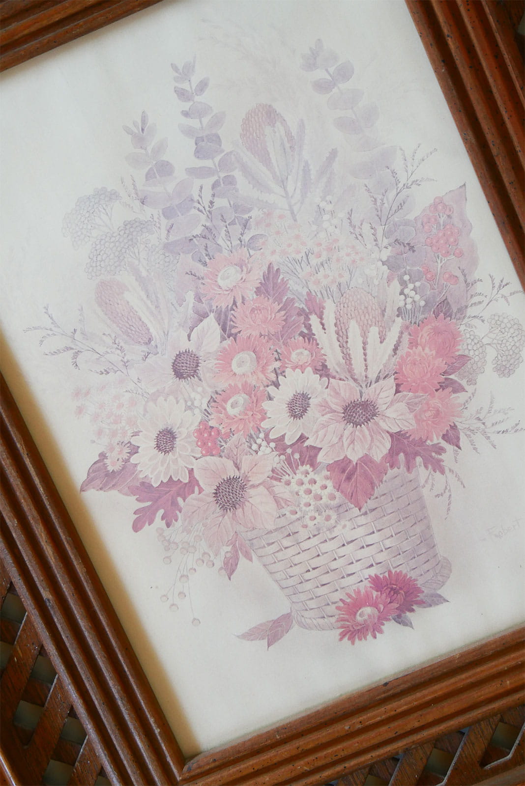 Vintage Cottagecore FLoral Framed Print, Vintage Fall Floral Artwork, Vintage Lattice Framed Sunflower Print, Vintage Midcentury FLower Print