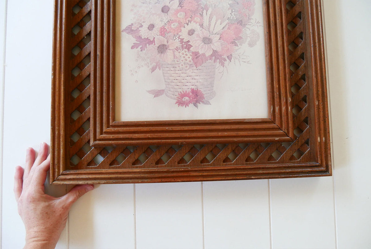Vintage Cottagecore FLoral Framed Print, Vintage Fall Floral Artwork, Vintage Lattice Framed Sunflower Print, Vintage Midcentury FLower Print