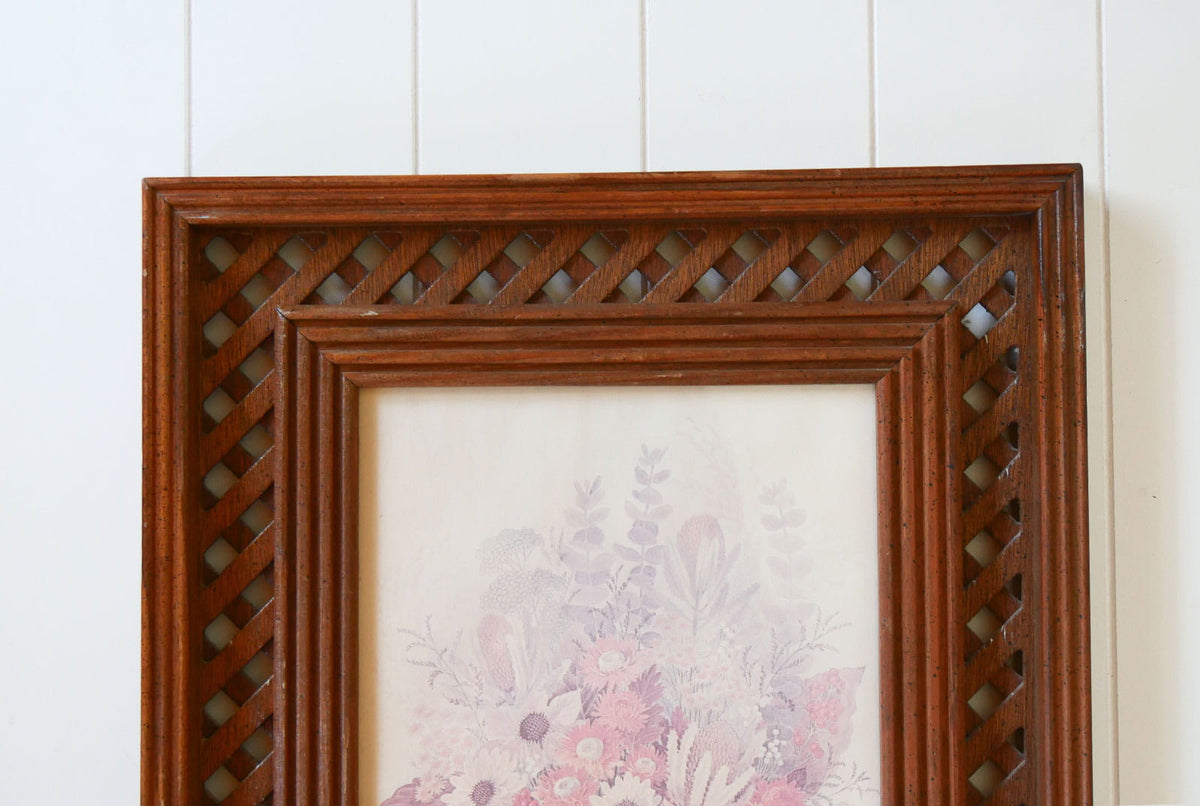 Vintage Cottagecore FLoral Framed Print, Vintage Fall Floral Artwork, Vintage Lattice Framed Sunflower Print, Vintage Midcentury FLower Print