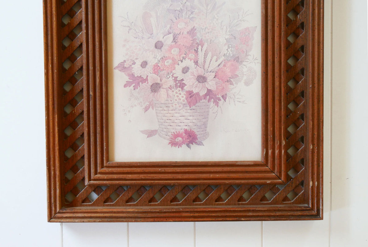 Vintage Cottagecore FLoral Framed Print, Vintage Fall Floral Artwork, Vintage Lattice Framed Sunflower Print, Vintage Midcentury FLower Print