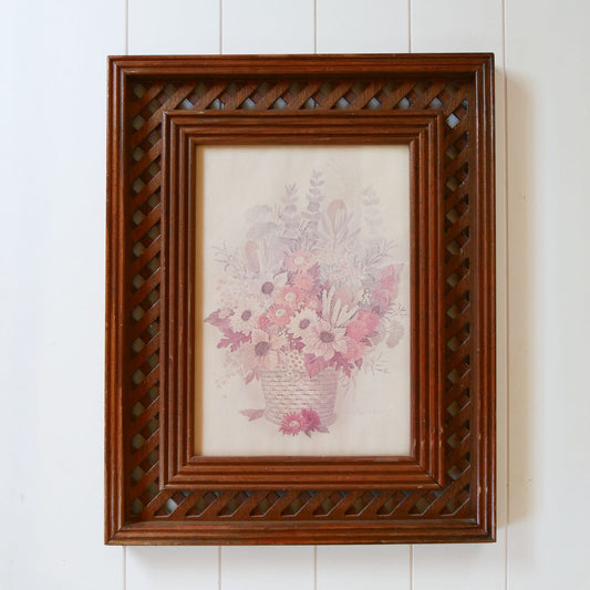 Vintage Cottagecore FLoral Framed Print, Vintage Fall Floral Artwork, Vintage Lattice Framed Sunflower Print, Vintage Midcentury FLower Print