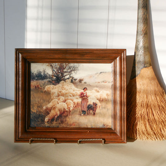 Woman with Flock, Vintage Wooden Framed Shepherdess Print