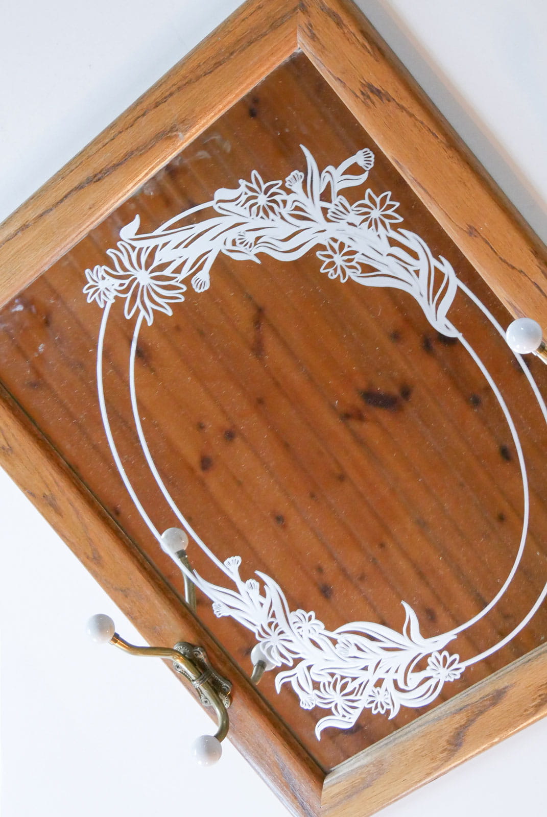Vintage Floral Etched Mirror with Hooks, Cottagecore Mirror, Farmhouse Mirror, Vintage Entryway Mirror, Vintage Mirror and Hooks