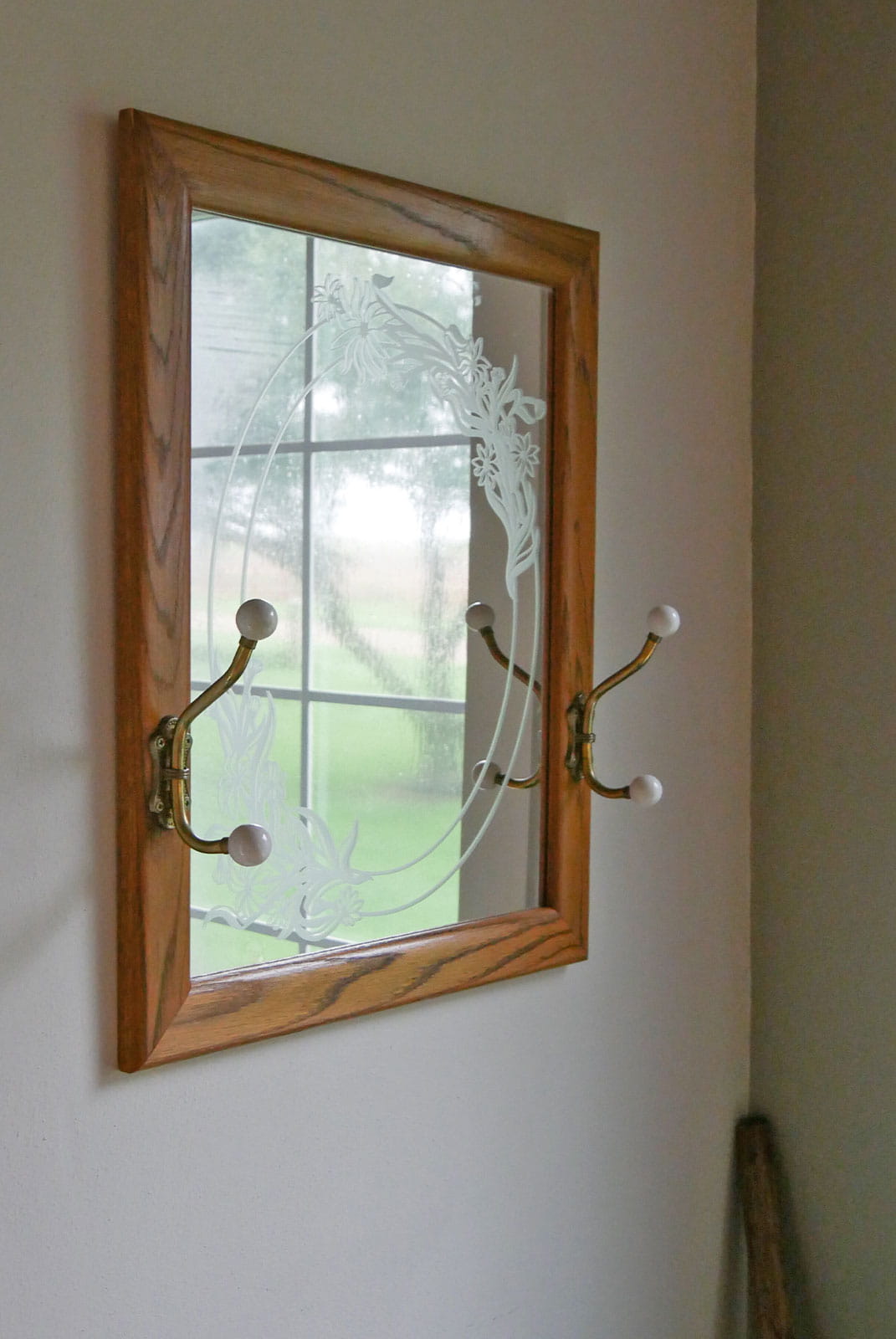 Vintage Floral Etched Mirror with Hooks, Cottagecore Mirror, Farmhouse Mirror, Vintage Entryway Mirror, Vintage Mirror and Hooks