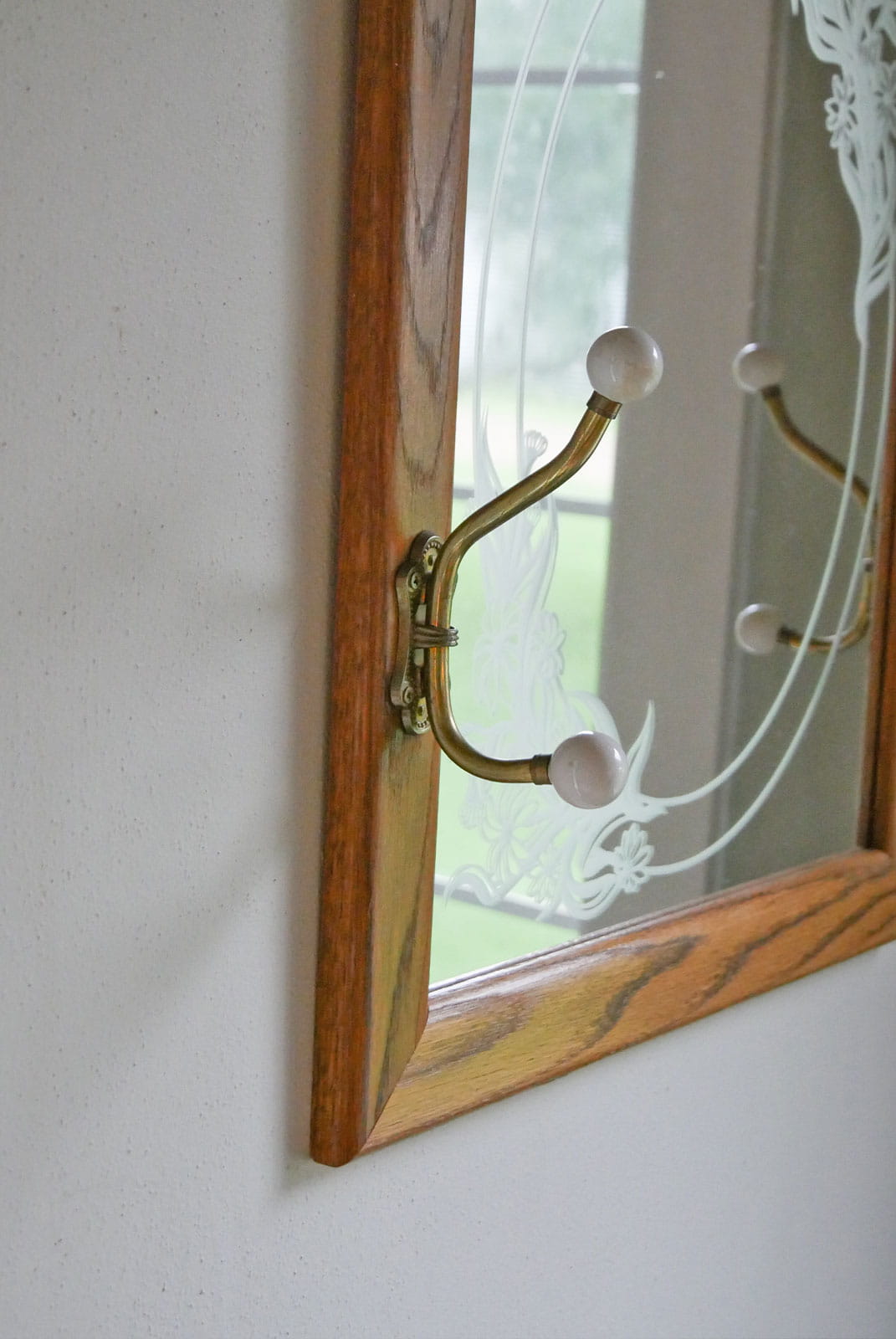 Vintage Floral Etched Mirror with Hooks, Cottagecore Mirror, Farmhouse Mirror, Vintage Entryway Mirror, Vintage Mirror and Hooks