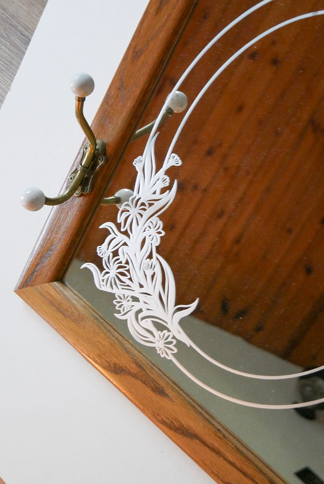 Vintage Floral Etched Mirror with Hooks, Cottagecore Mirror, Farmhouse Mirror, Vintage Entryway Mirror, Vintage Mirror and Hooks