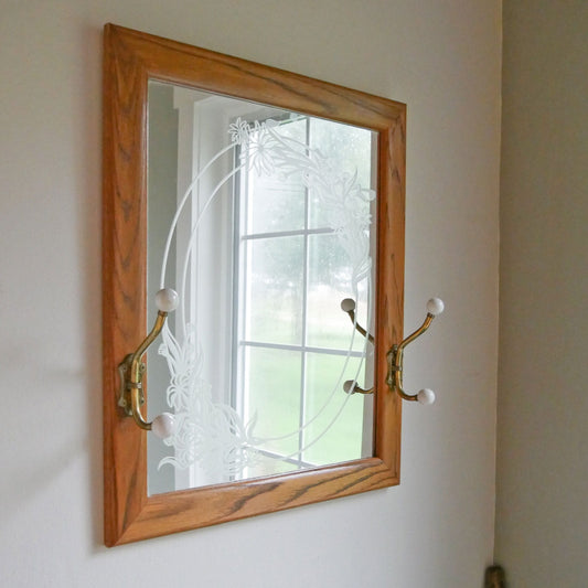 Vintage Floral Etched Mirror with Hooks, Cottagecore Mirror, Farmhouse Mirror, Vintage Entryway Mirror, Vintage Mirror and Hooks