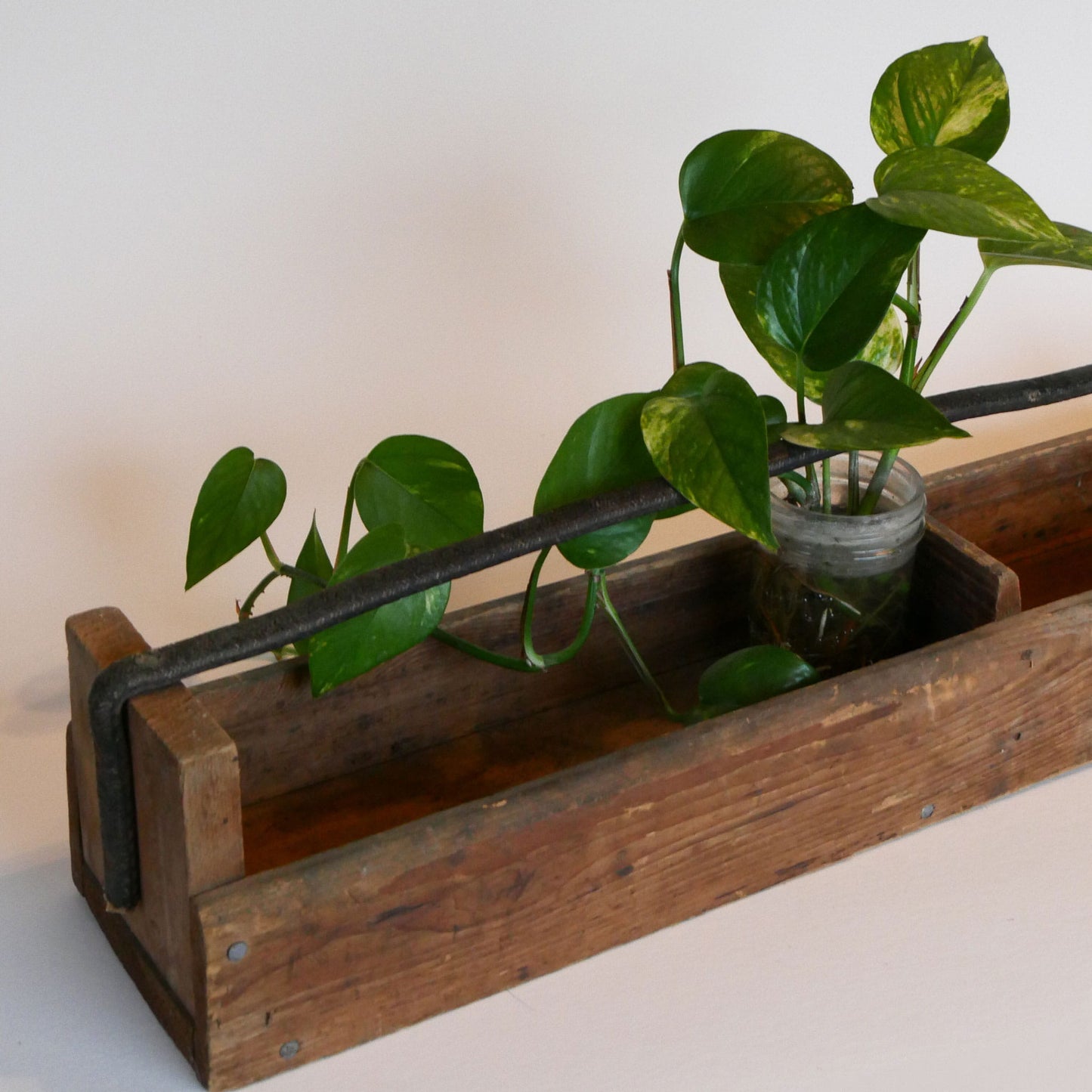 Vintage 23in Handmade Wooden Tool Box, Primitive Toolbox, Vintage Wood Toobl Box, Antique Tool Box, Vintage Wood Rustic Tool Box Leather Handle, VIntage Home Decor, Vintage Wood Table Centerpiece.