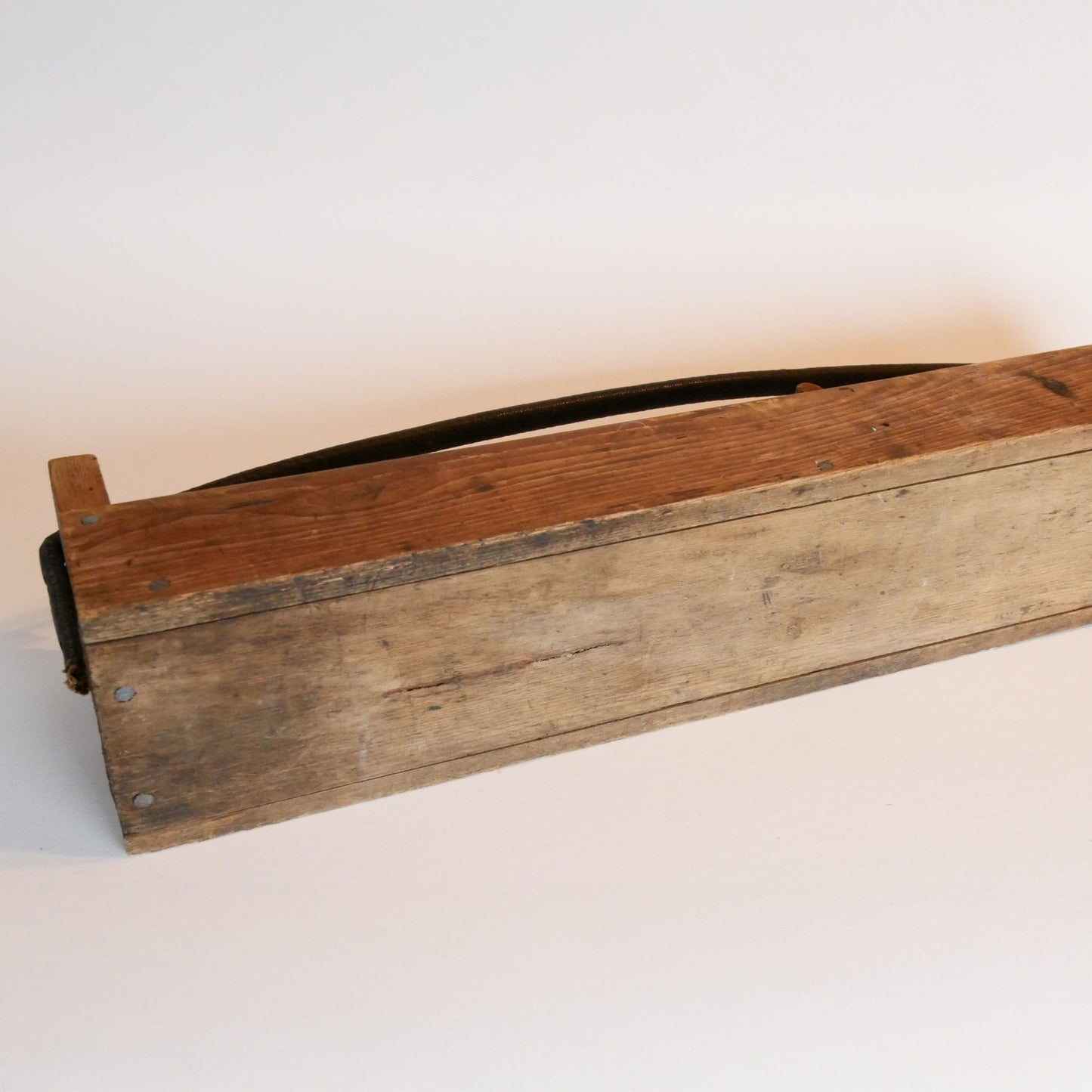Vintage 23in Handmade Wooden Tool Box, Primitive Toolbox, Vintage Wood Toobl Box, Antique Tool Box, Vintage Wood Rustic Tool Box Leather Handle, VIntage Home Decor, Vintage Wood Table Centerpiece.