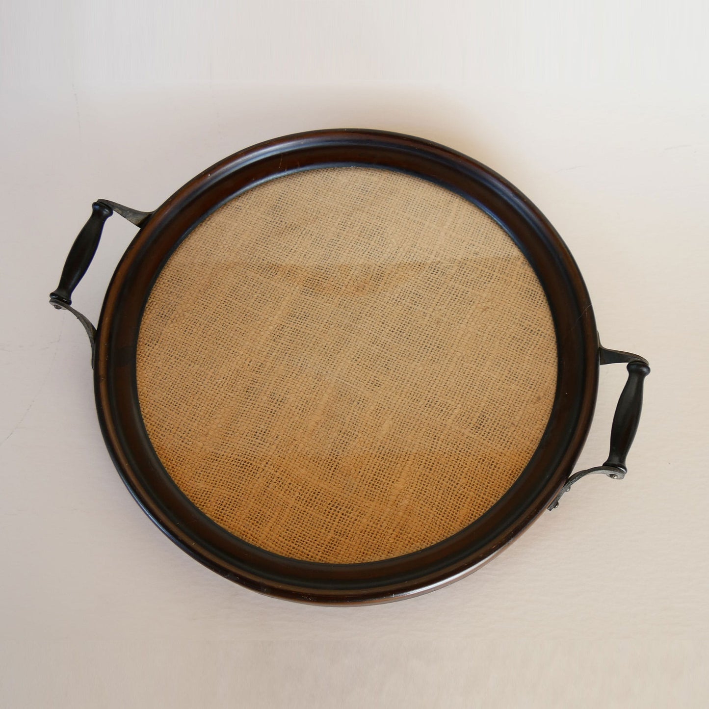 Vintage Round Wooden Serving Tray with Burlap Insert, Farmhouse Tray, Vintage Tray, Vintage Farmhouse Tray, Cottage Tray, Vintage Cottage Burlap Tray, Vintage Farmhouse Decor