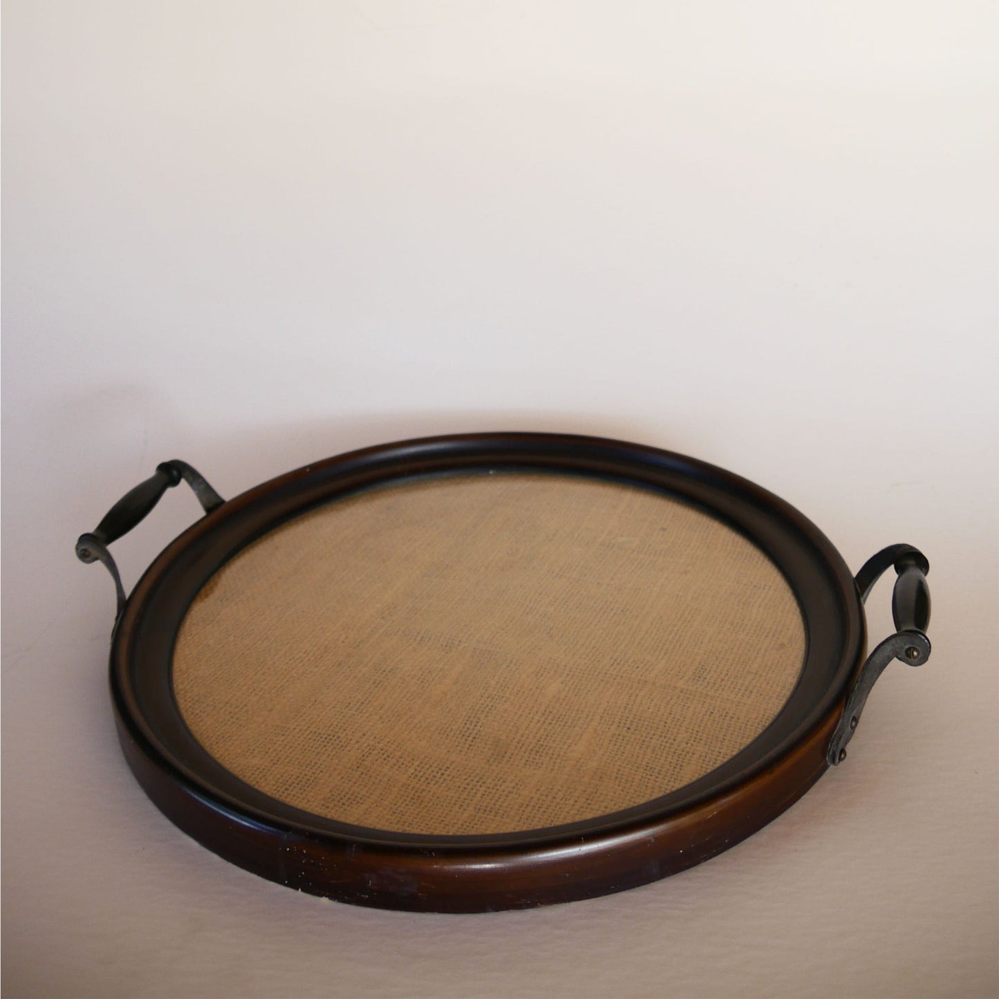 Vintage Round Wooden Serving Tray with Burlap Insert, Farmhouse Tray, Vintage Tray, Vintage Farmhouse Tray, Cottage Tray, Vintage Cottage Burlap Tray, Vintage Farmhouse Decor