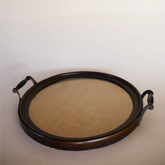 Vintage Round Wooden Serving Tray with Burlap Insert, Farmhouse Tray, Vintage Tray, Vintage Farmhouse Tray, Cottage Tray, Vintage Cottage Burlap Tray, Vintage Farmhouse Decor