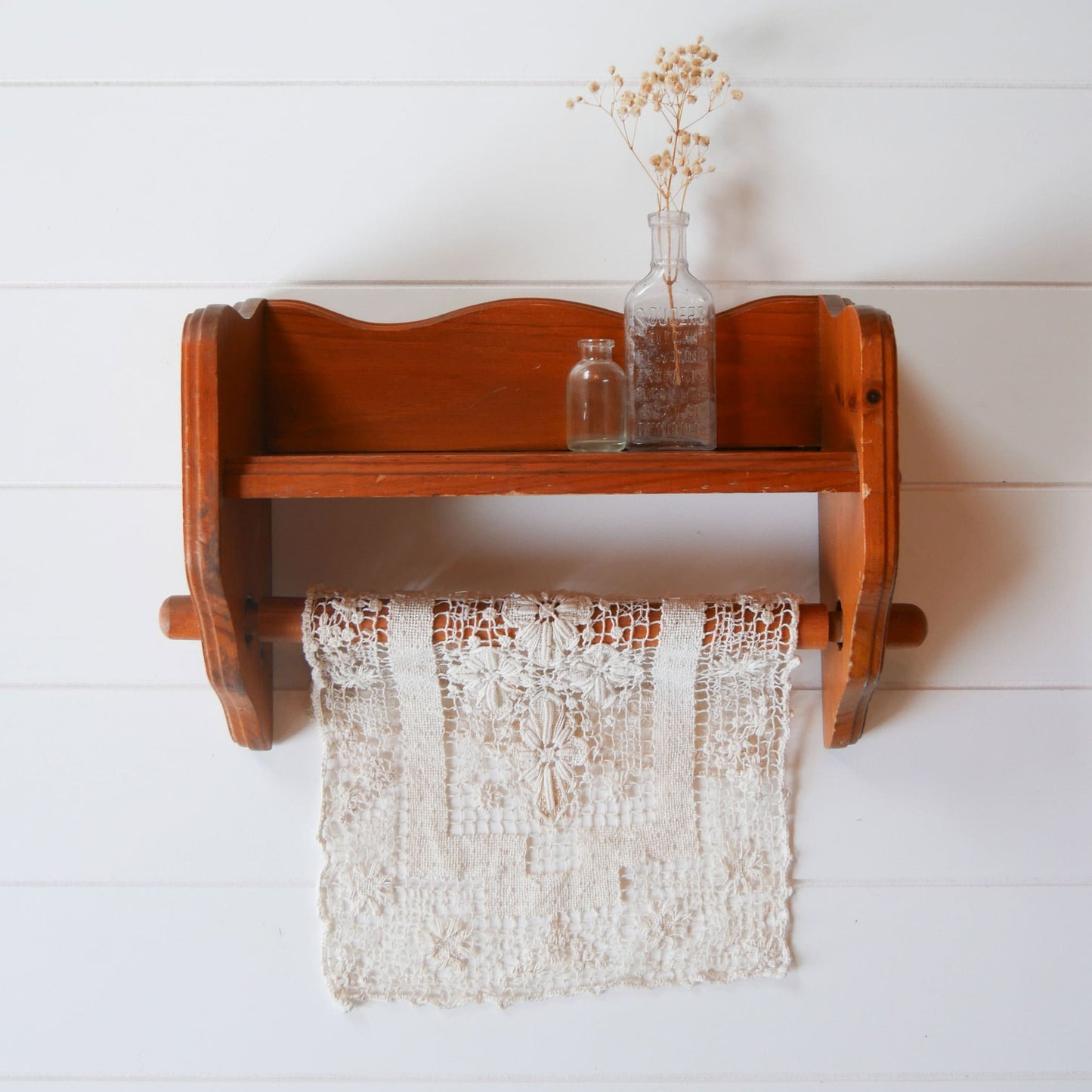 Vintage Wooden Paper Towel Holder with Shelf Farmhouse Towel Rack and Shelf Vintage Bathroom Shelf Vintage Kitchen Shelf