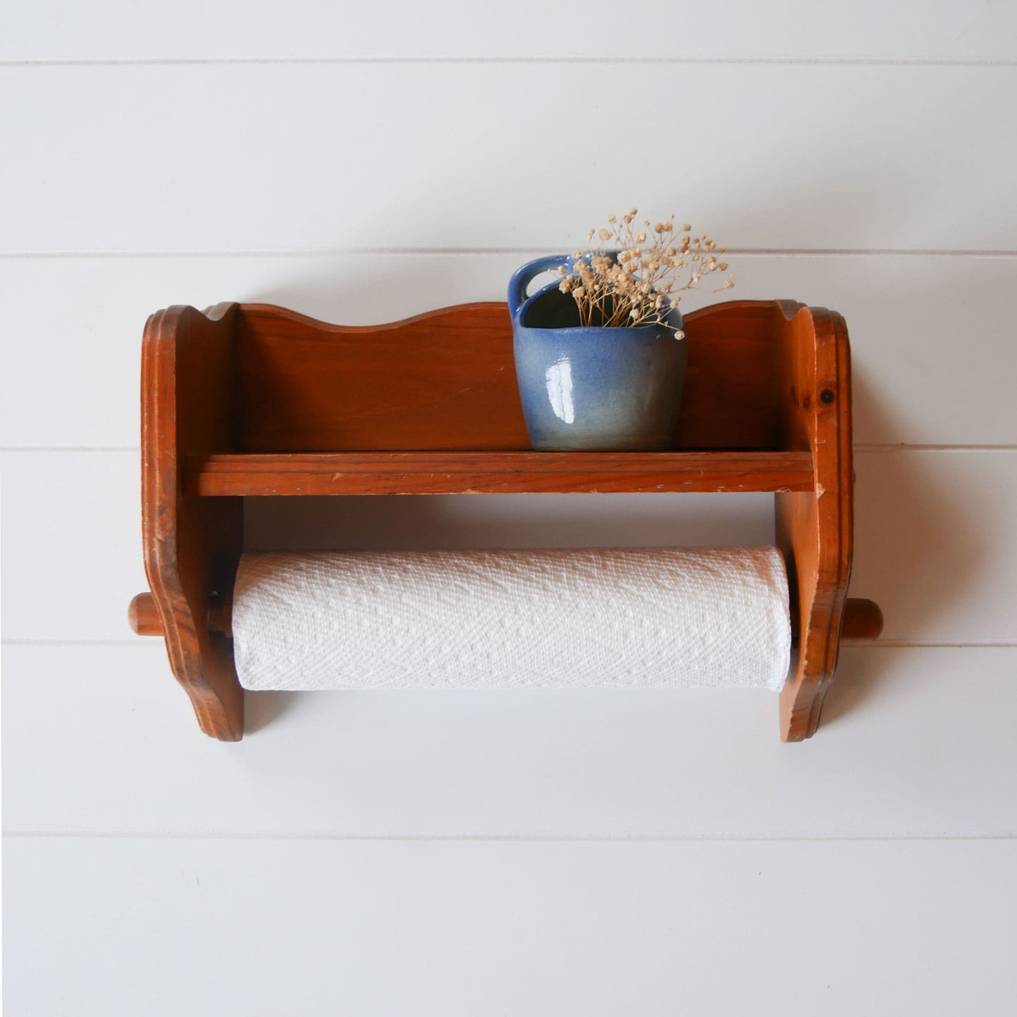 Vintage Wooden Paper Towel Holder with Shelf Farmhouse Towel Rack and Shelf Vintage Bathroom Shelf Vintage Kitchen Shelf