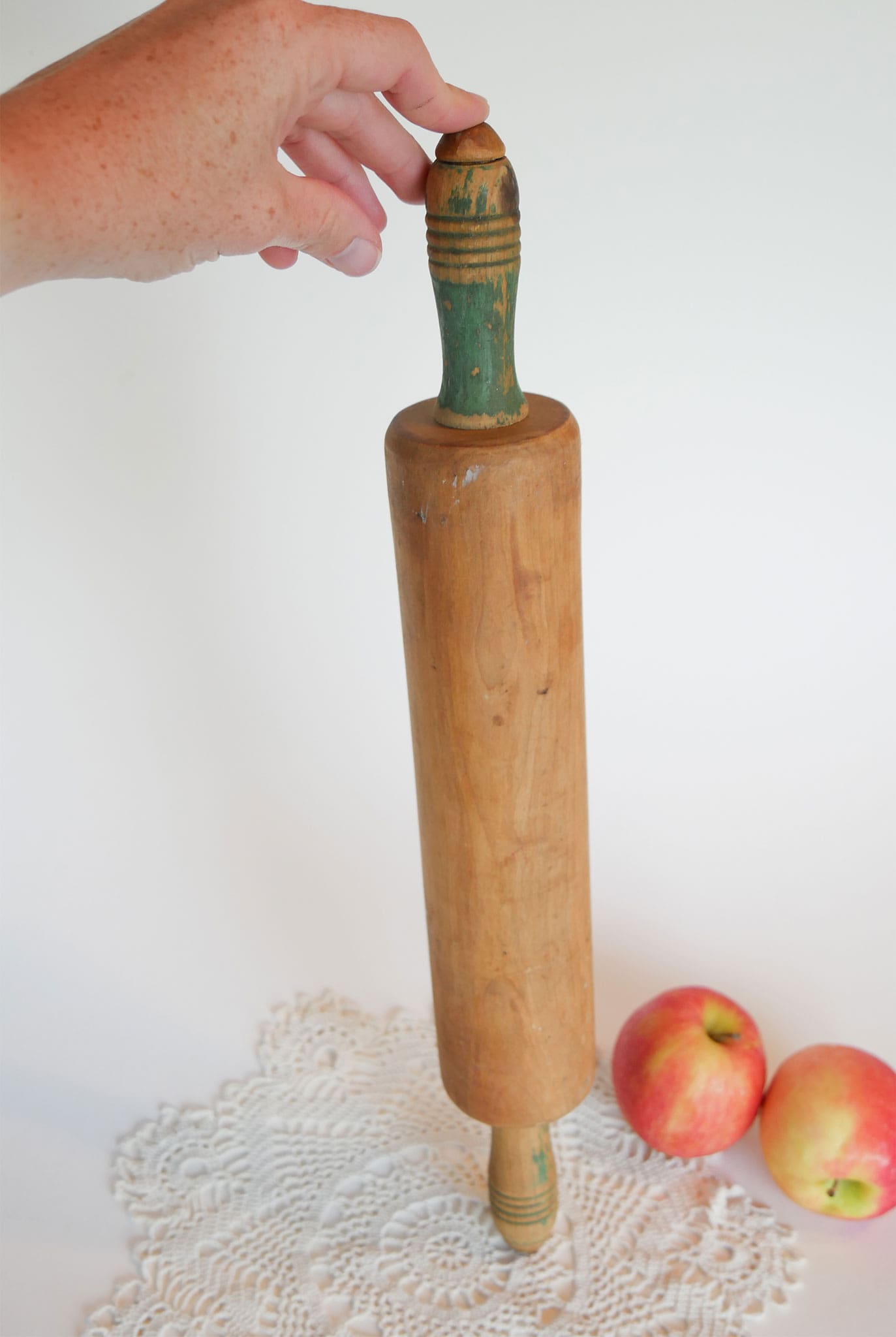 Vintage Wooden Rolling Pin Green Handles, Rustic Farmhouse Kitchen Decor Vintage Farmhouse Rollin Pin Primitive Kitchen Decor