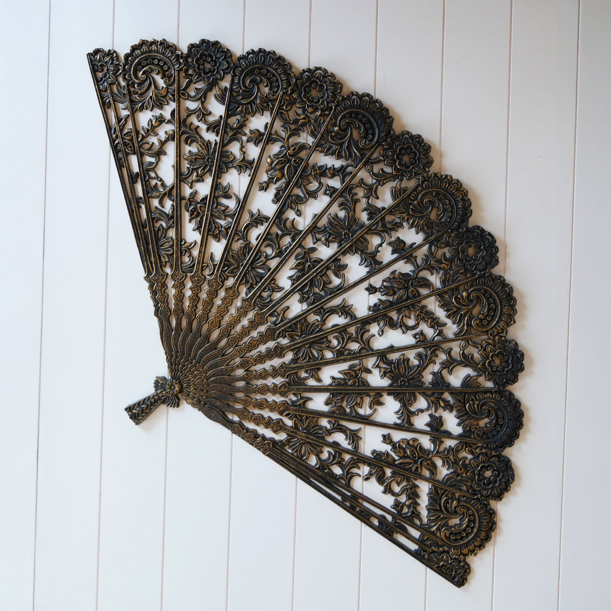 Vintage XL Black and Gold Burwood 4402 Wall Hanging Hand Fan, Vintage Wall Fan, Vintage Resin Black and Gold Victorian Fan, Vintage Victorian Wall Decor, Vintage Fan Decor, Vintage Wall Decor