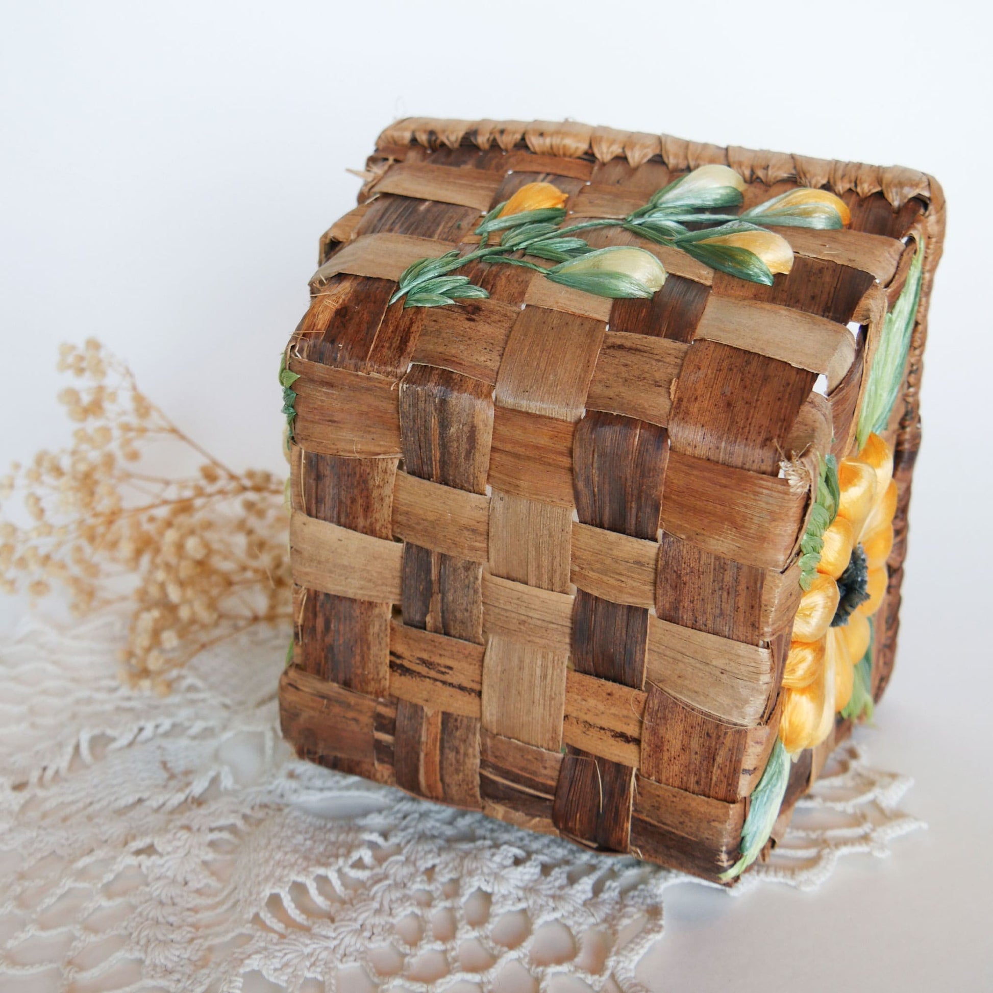 Vintage Yellow Floral Wicker Basket Farmhouse Floral Basket Planter