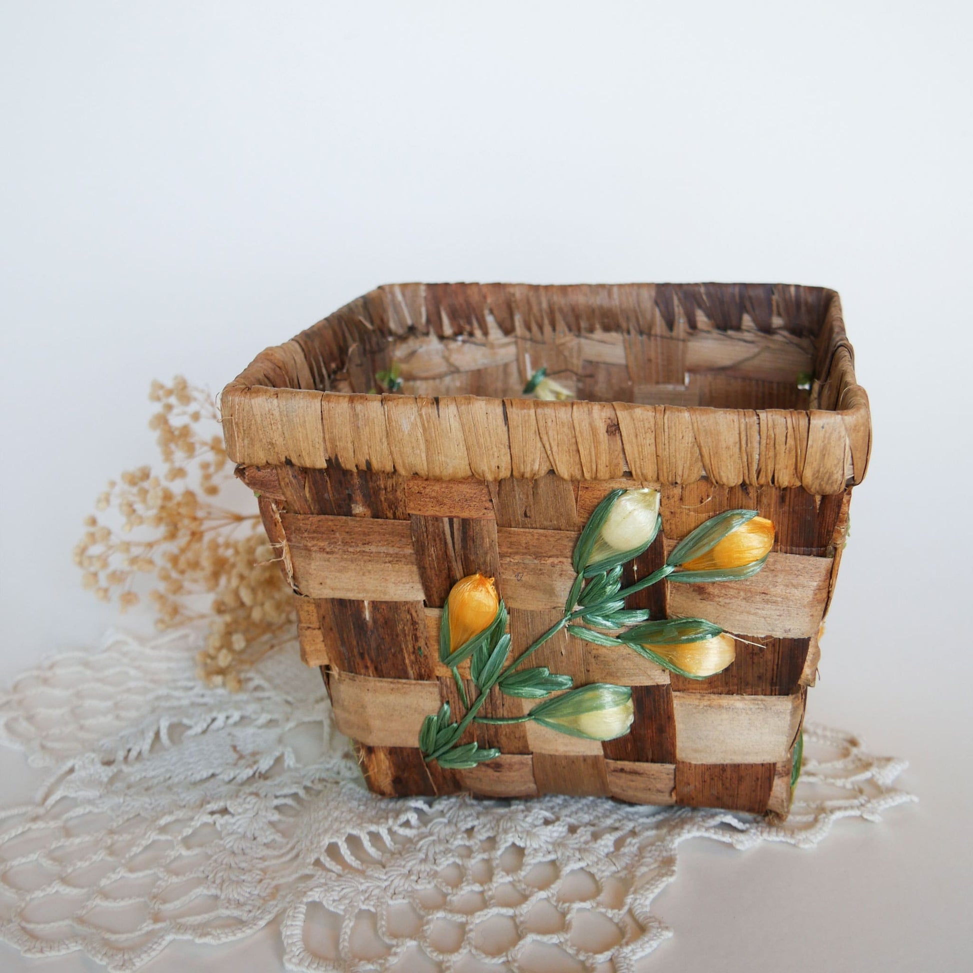 Vintage Yellow Floral Wicker Basket Farmhouse Floral Basket Planter