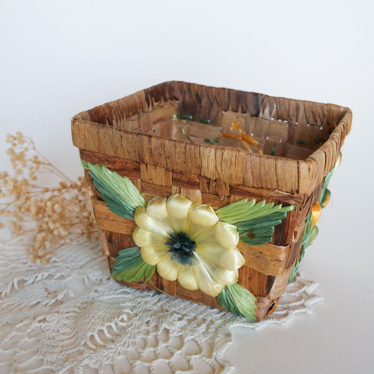 Vintage Yellow Floral Wicker Basket Farmhouse Floral Basket Planter