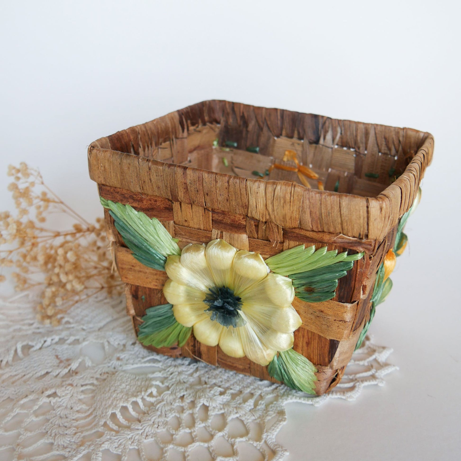 Vintage Yellow Floral Wicker Basket Farmhouse Floral Basket Planter