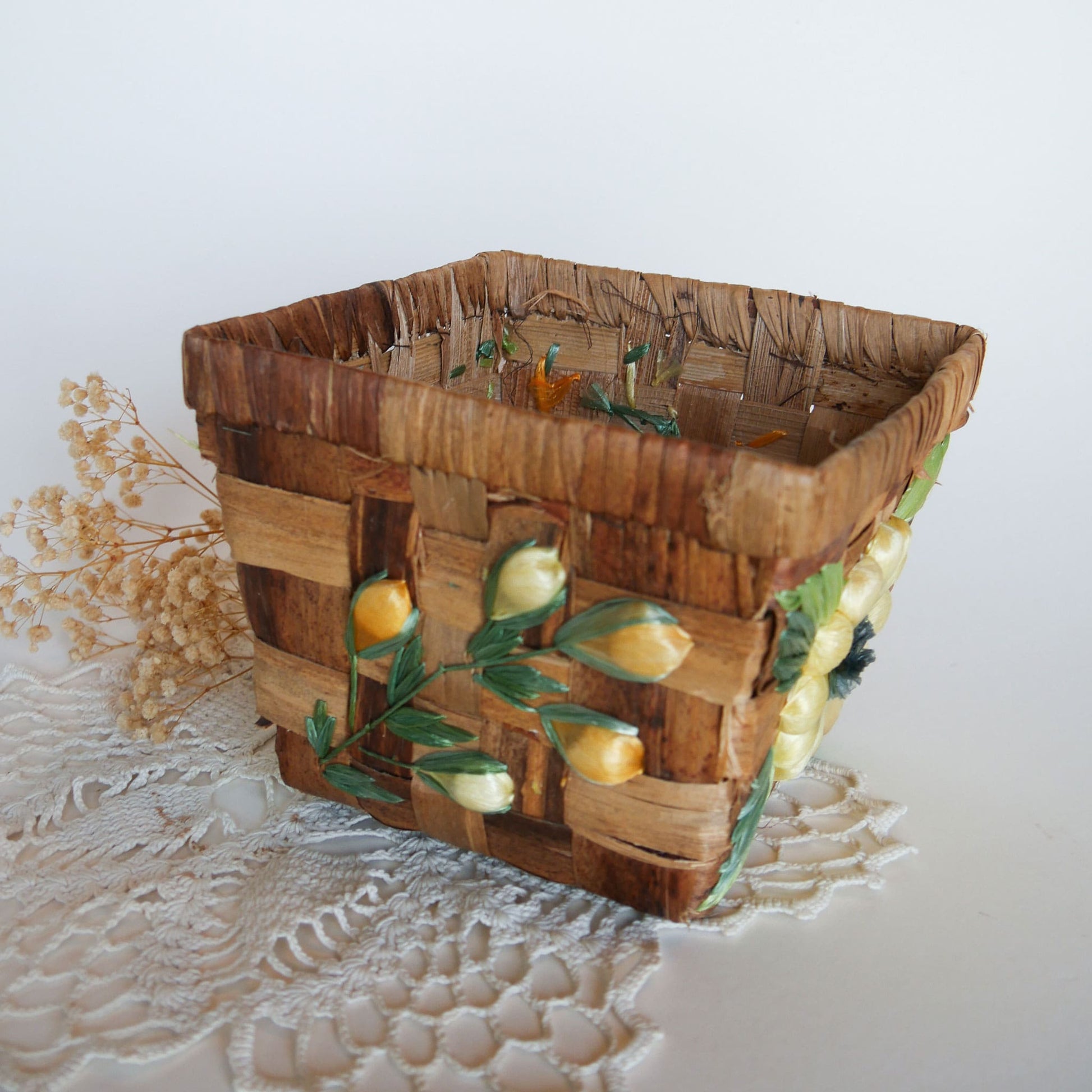 Vintage Yellow Floral Wicker Basket Farmhouse Floral Basket Planter