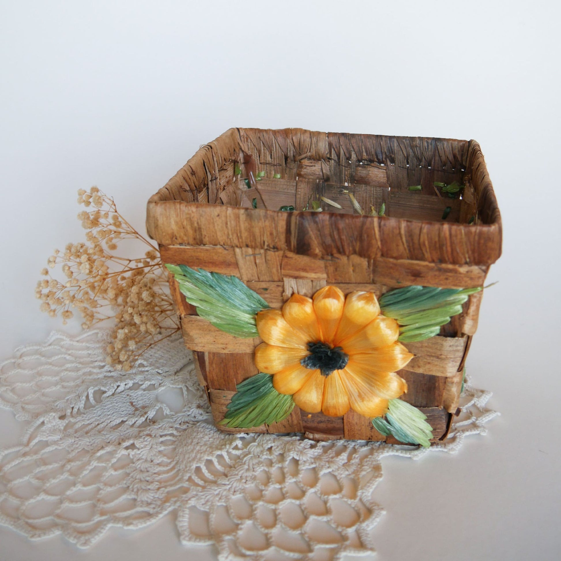 Vintage Yellow Floral Wicker Basket Farmhouse Floral Basket Planter