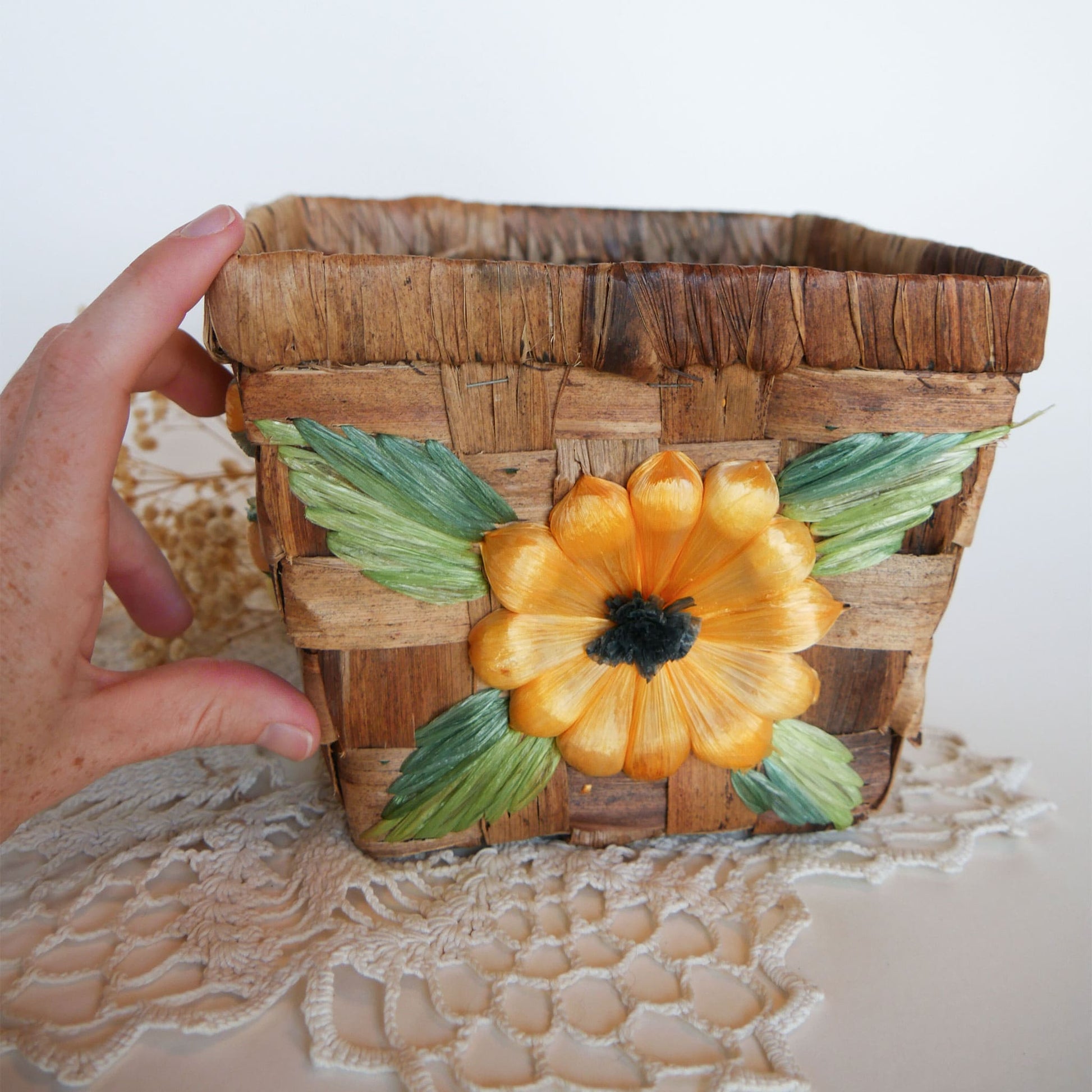 Vintage Yellow Floral Wicker Basket Farmhouse Floral Basket Planter