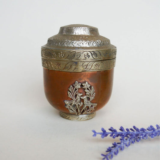 Vintage Copper and Brass Etched Floral and Brid Design Urn with Lid Thrifted Wicker Basket Vintage Home Decor