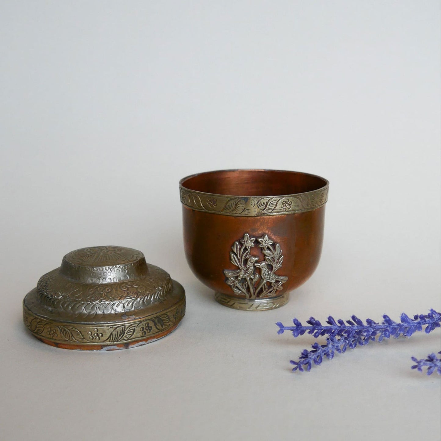 Vintage Copper and Brass Etched Floral and Brid Design Urn with Lid Thrifted Wicker Basket Vintage Home Decor 5