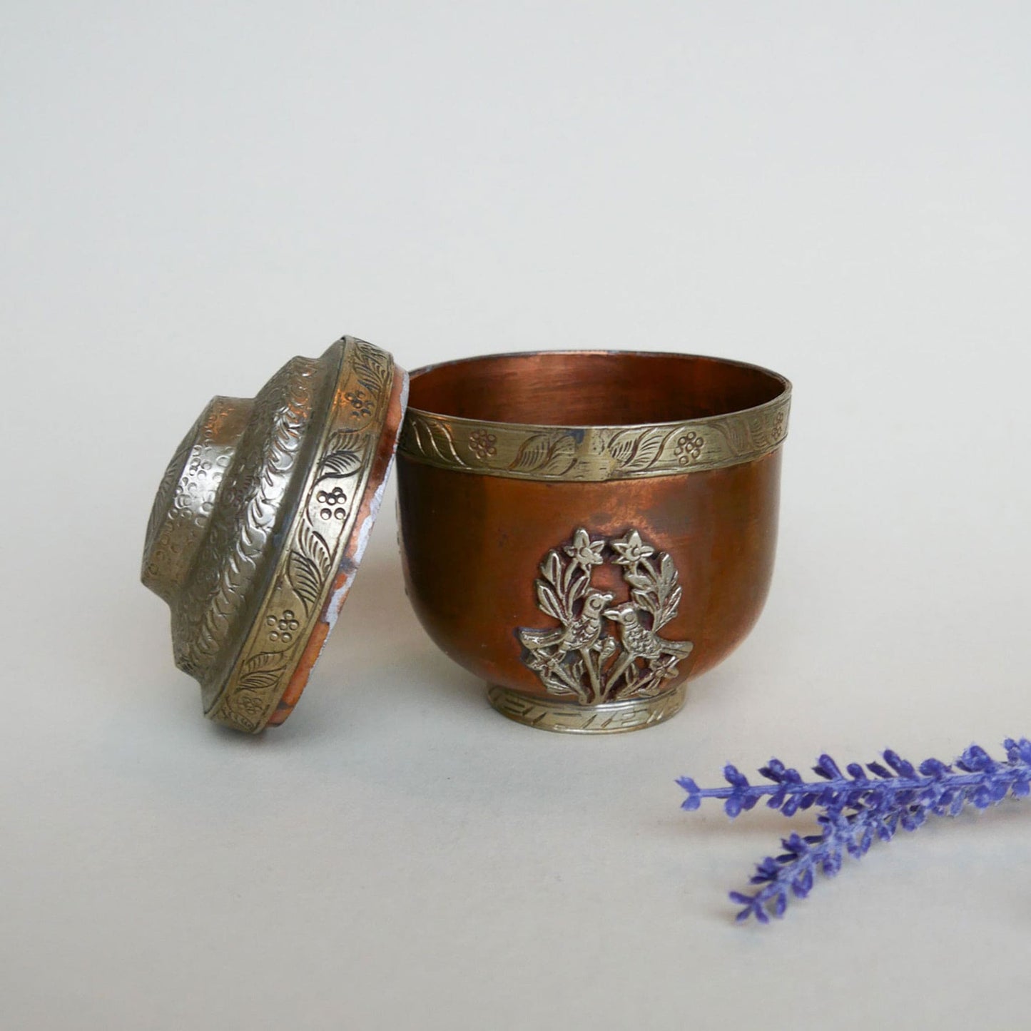 Vintage Copper and Brass Etched Floral and Brid Design Urn with Lid Thrifted Wicker Basket Vintage Home Decor 6