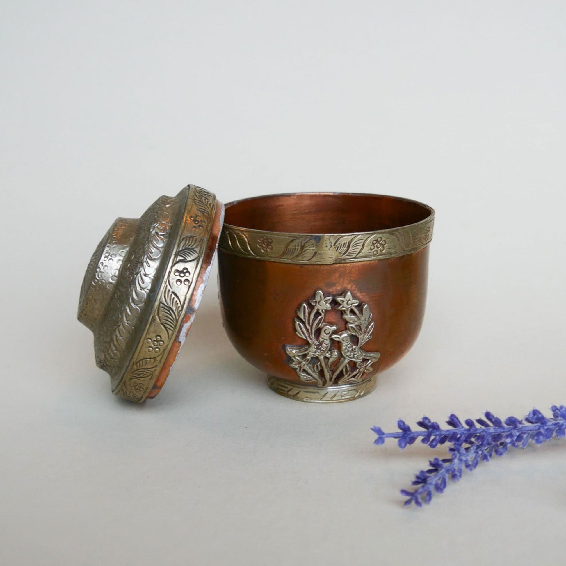 Vintage Copper and Brass Etched Floral and Brid Design Urn with Lid Thrifted Wicker Basket Vintage Home Decor 6