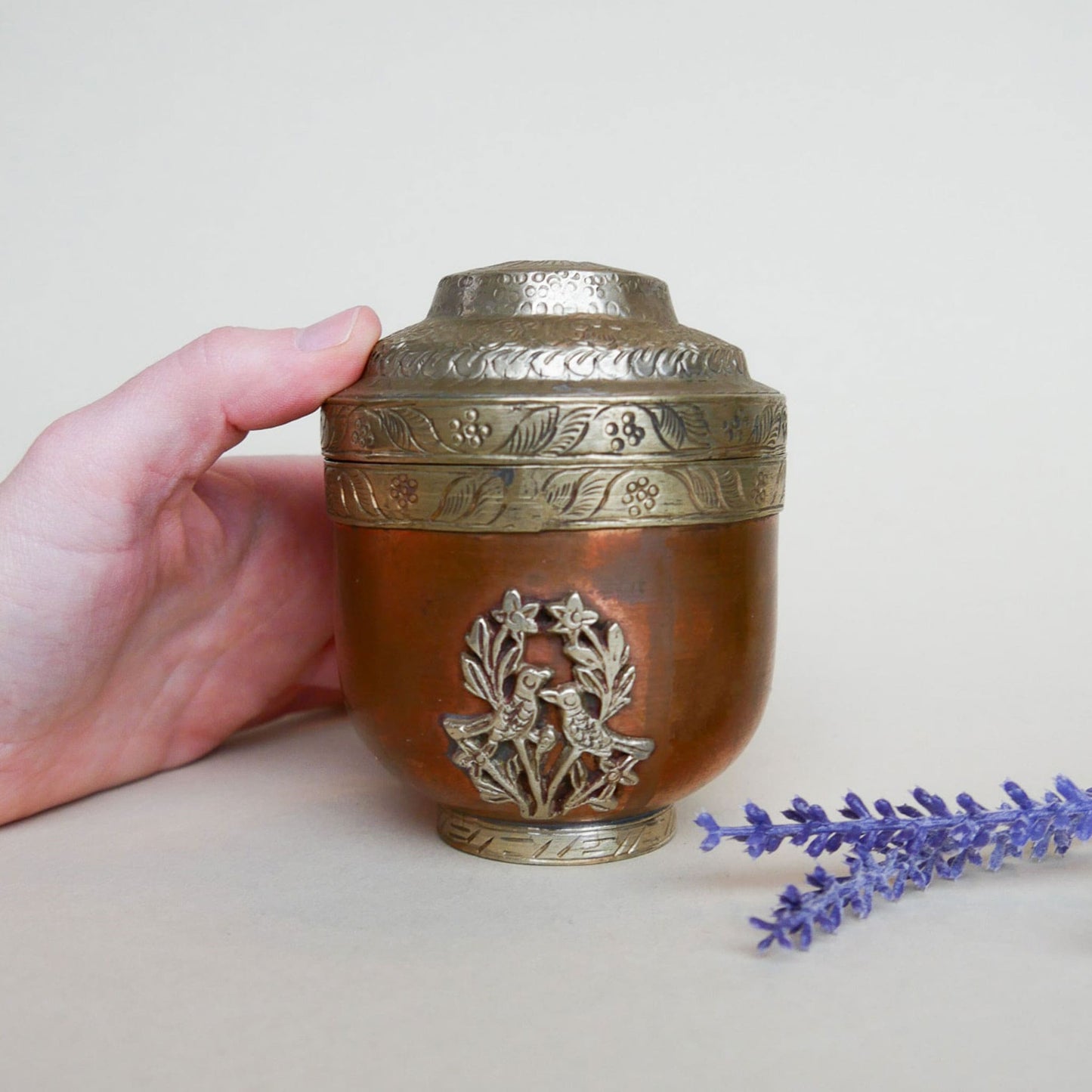 Vintage Copper and Brass Etched Floral and Brid Design Urn with Lid Thrifted Wicker Basket Vintage Home Decor 7