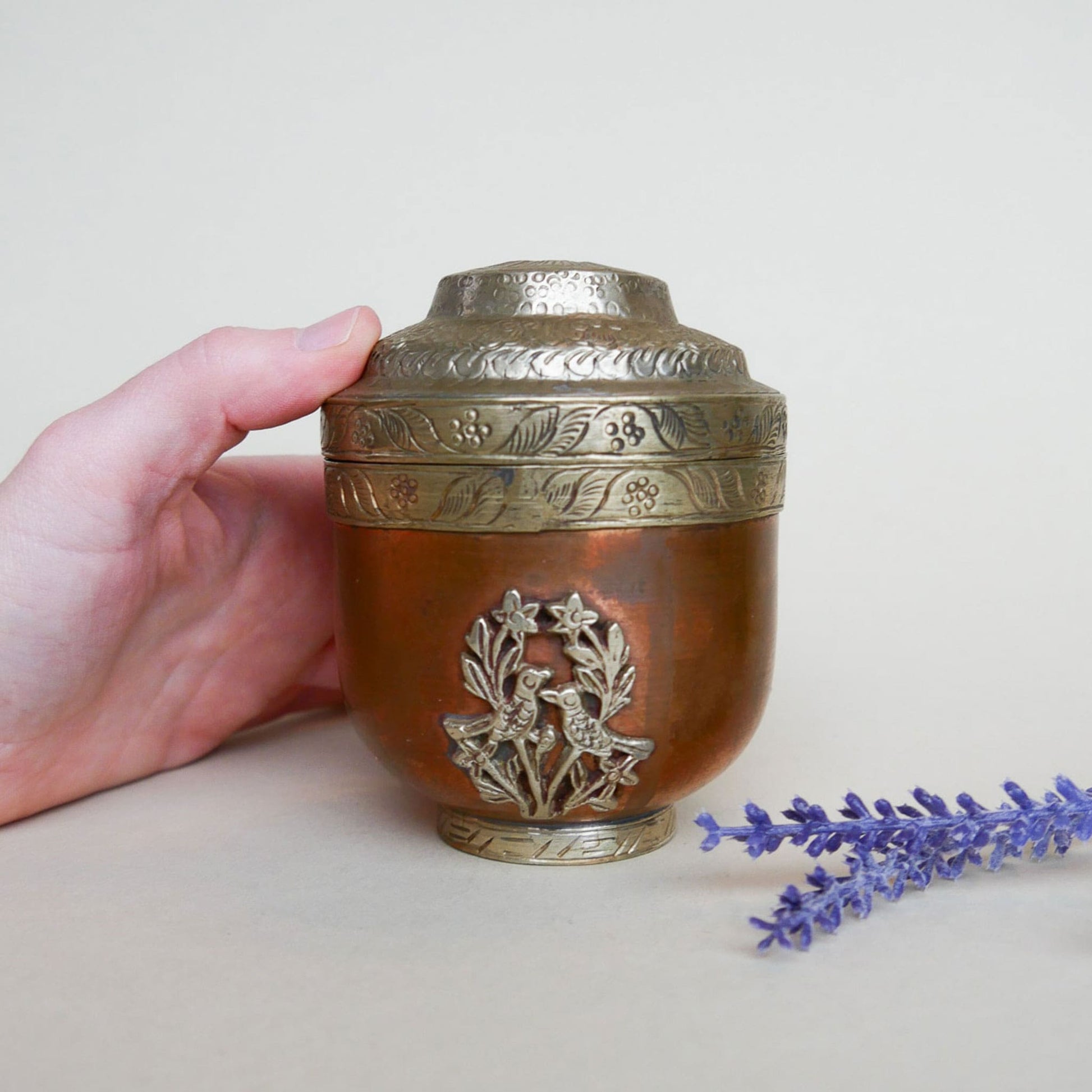 Vintage Copper and Brass Etched Floral and Brid Design Urn with Lid Thrifted Wicker Basket Vintage Home Decor 7
