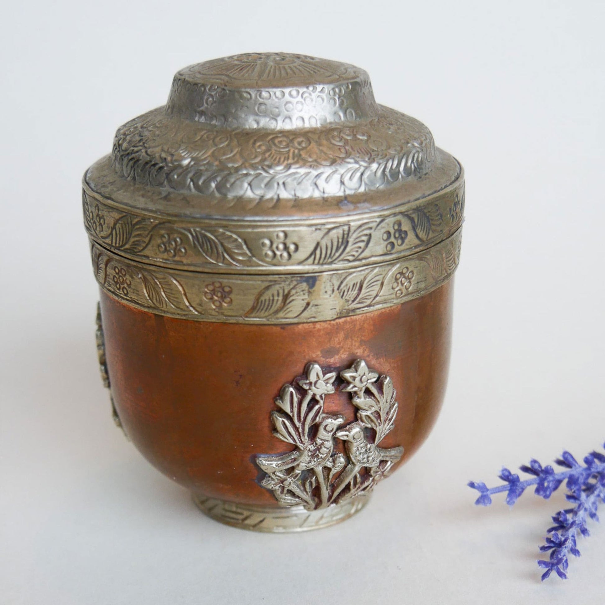 Vintage Copper and Brass Etched Floral and Brid Design Urn with Lid Thrifted Wicker Basket Vintage Home Decor 2