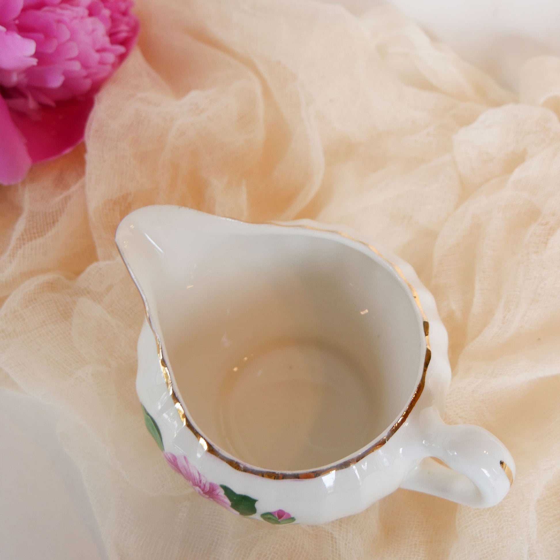 W.S. George Bolero Creamer Dish, Cameilla Floral Design, Vintage Pink Floral China, Vintage Pink Flower Creamer