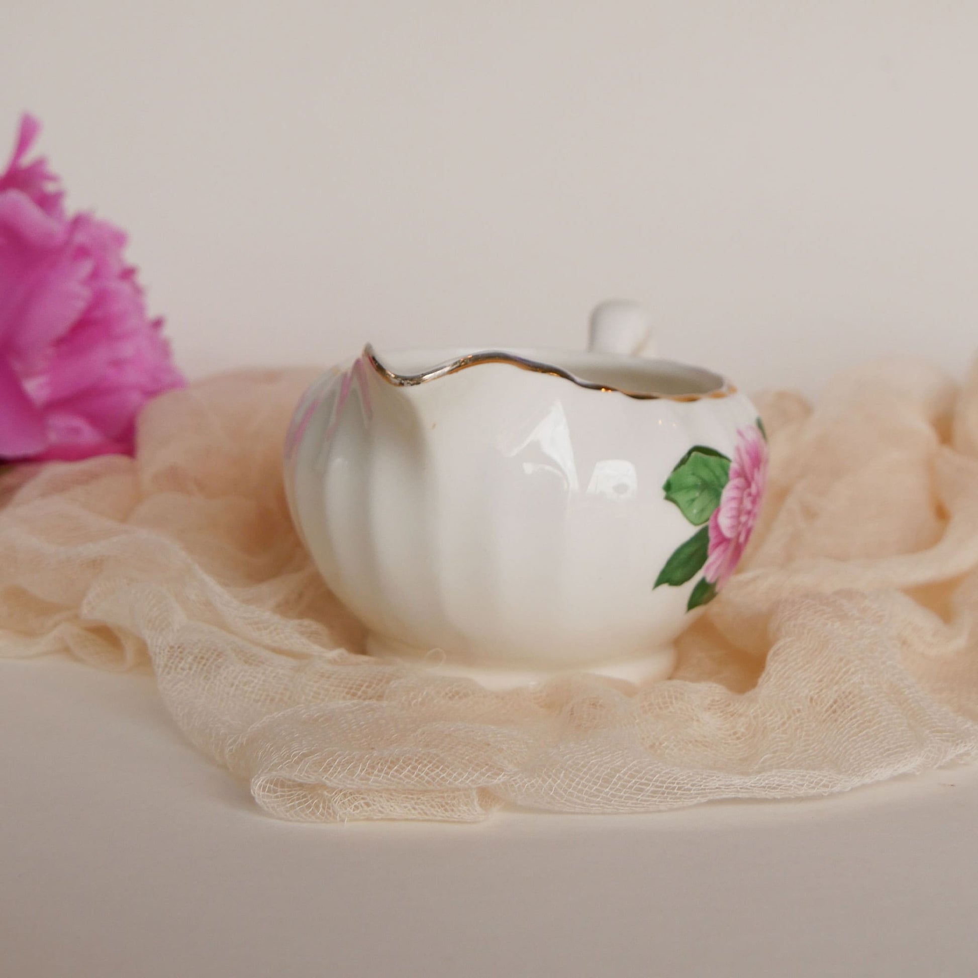 W.S. George Bolero Creamer Dish, Cameilla Floral Design, Vintage Pink Floral China, Vintage Pink Flower Creamer