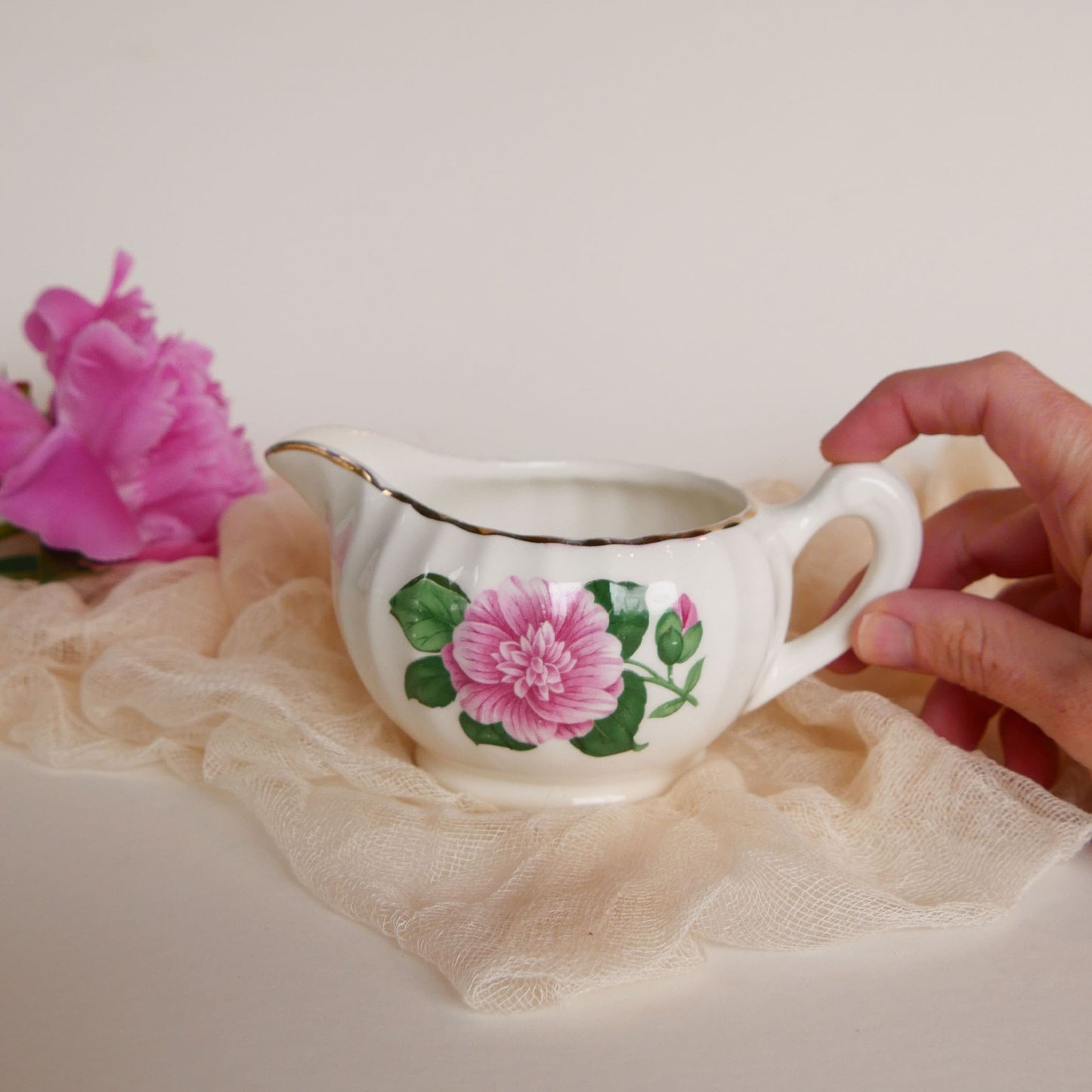 W.S. George Bolero Creamer Dish, Cameilla Floral Design, Vintage Pink Floral China, Vintage Pink Flower Creamer