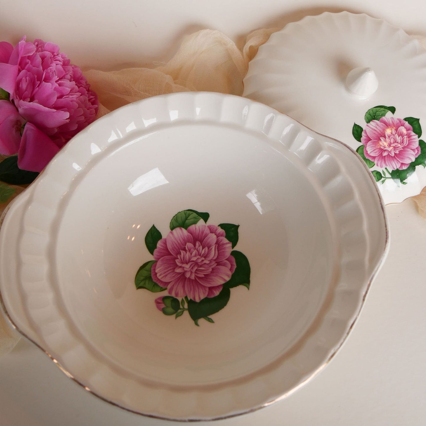 W.S. George Bolero Sugar Dish and Lid, Cameilla Floral Design, Vintage Pink Floral China, Vintage Pink Flower Creamer