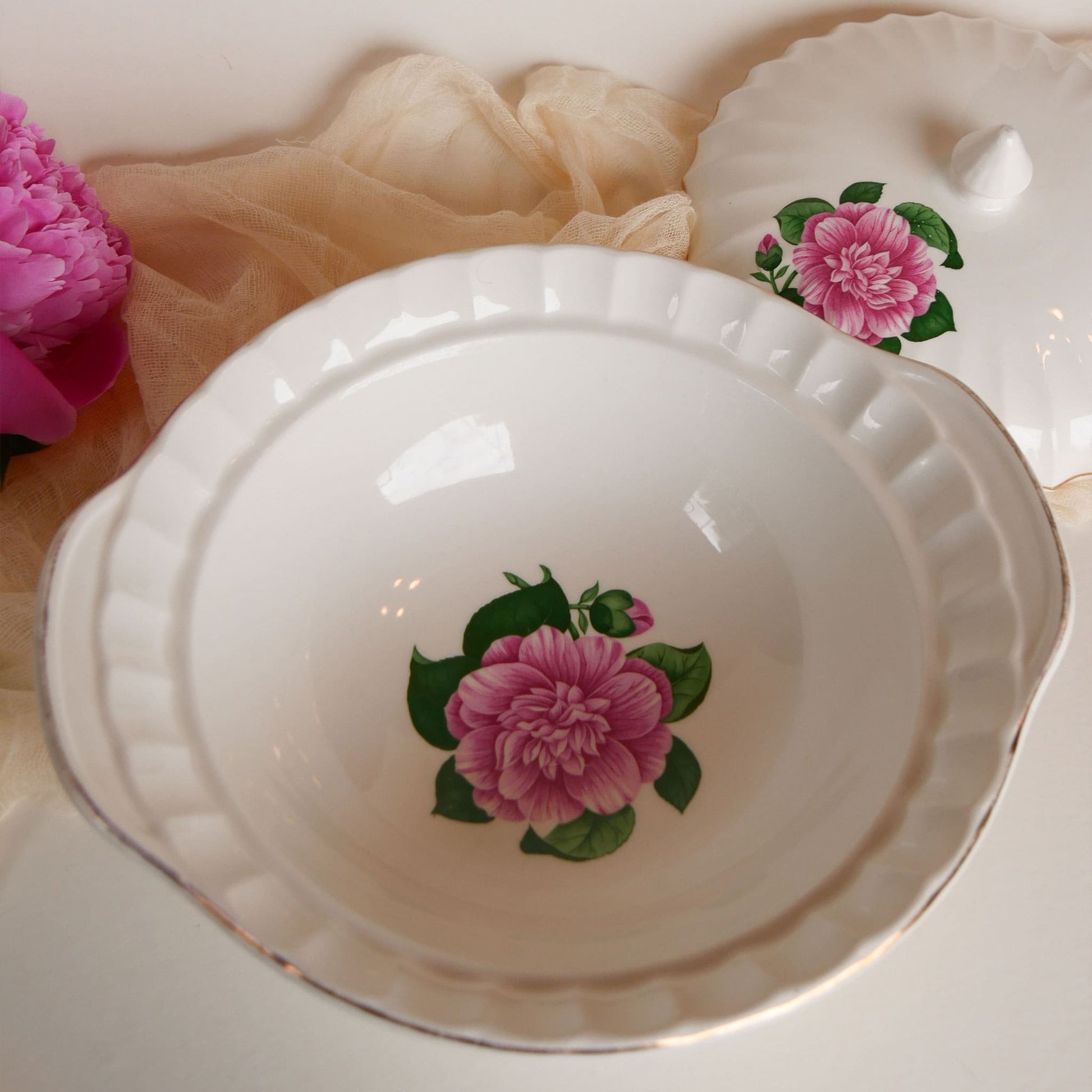 W.S. George Bolero Sugar Dish and Lid, Cameilla Floral Design, Vintage Pink Floral China, Vintage Pink Flower Creamer