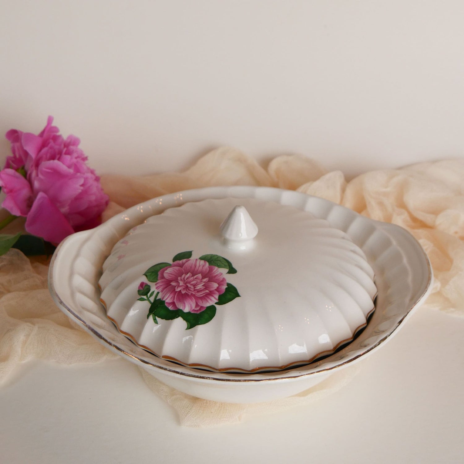 W.S. George Bolero Sugar Dish and Lid, Cameilla Floral Design, Vintage Pink Floral China, Vintage Pink Flower Creamer