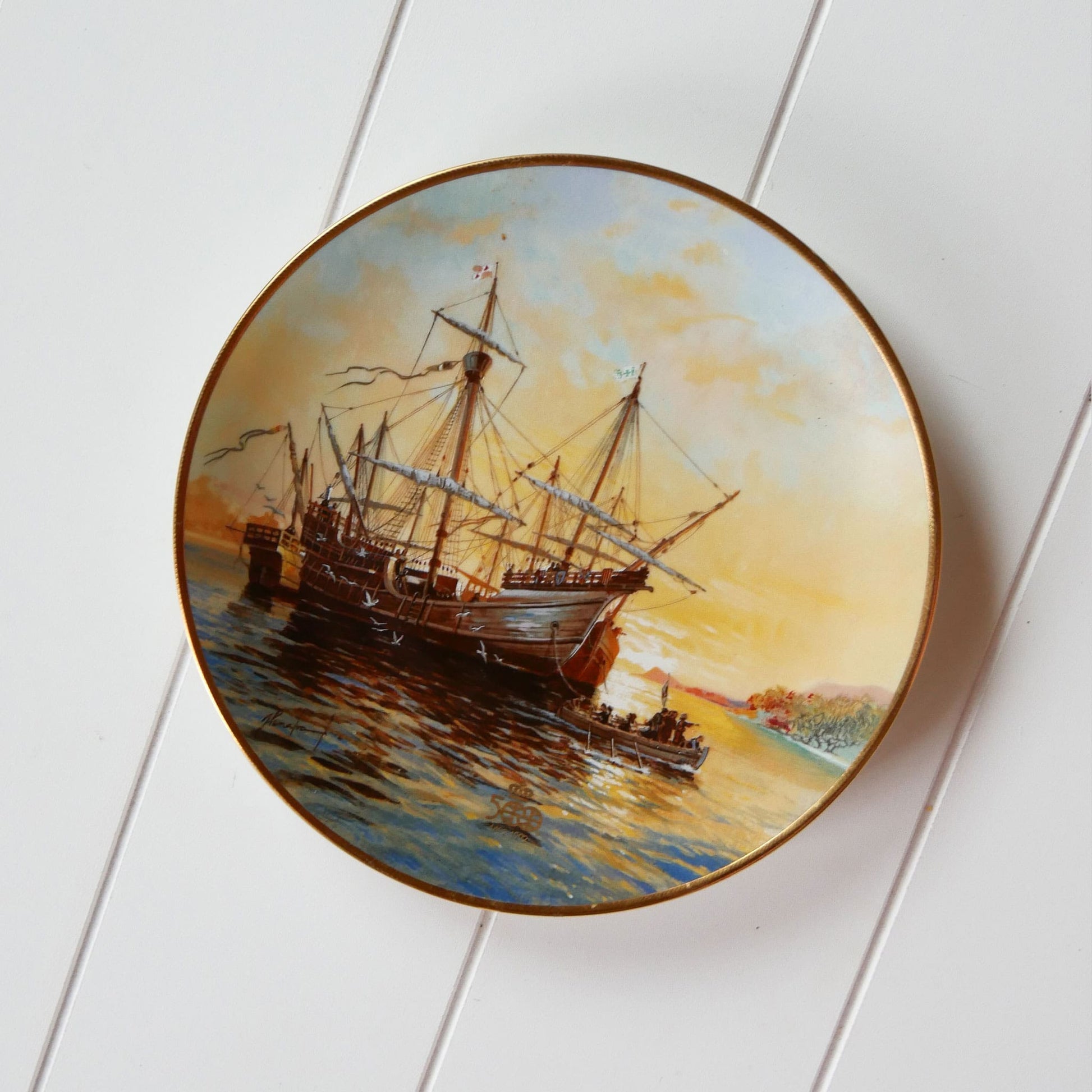 W.S. George "Columbus Discovers America", Ashore at Dawn by Jordi Penalva Decorative Plate, Vintage Nautical Decor, Vintage Nautical Wall Decor, Vintage Nautical Plates