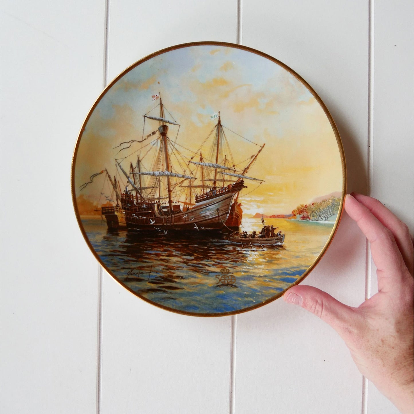 W.S. George "Columbus Discovers America", Ashore at Dawn by Jordi Penalva Decorative Plate, Vintage Nautical Decor, Vintage Nautical Wall Decor, Vintage Nautical Plates