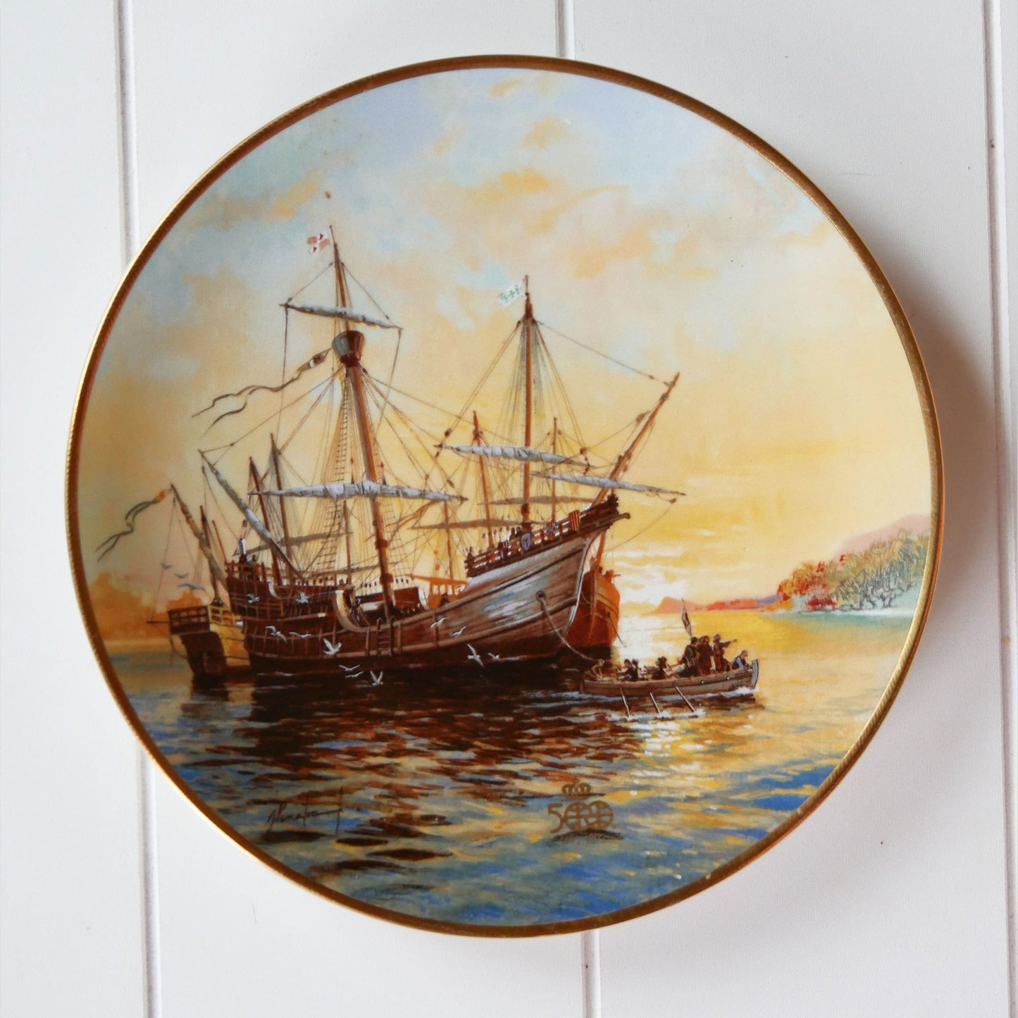 W.S. George "Columbus Discovers America", Ashore at Dawn by Jordi Penalva Decorative Plate, Vintage Nautical Decor, Vintage Nautical Wall Decor, Vintage Nautical Plates