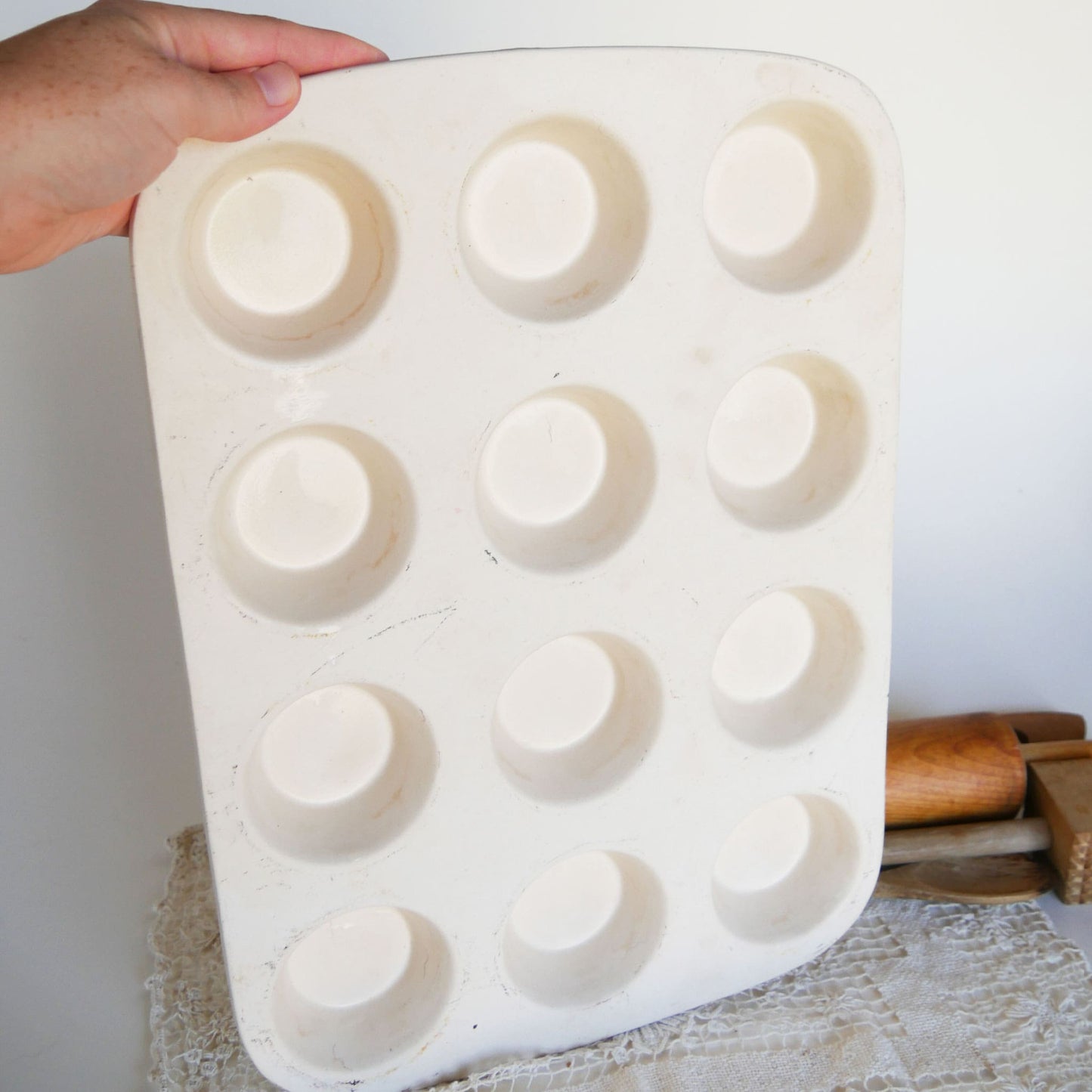 White Stoneware Muffin Pan Farmhouse Kitchen Decor Vintage Farmhouse Kitchen Cottage Kitchen Decor Primitive Kitchen Decor