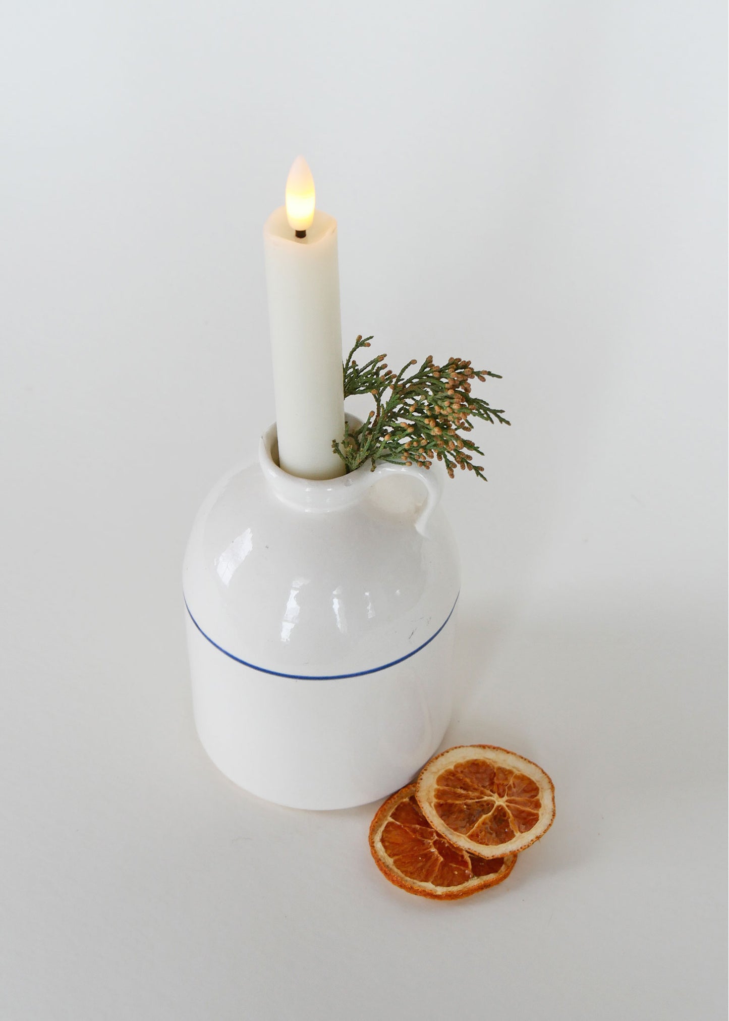 White Ceramic Jug with Blue Stripe, Farmhouse Jug, Farmhouse Ceramic, Farmhouse Pottery Jug, Farmhouse Candlestick Holder, Vintage Farmhouse DEcor